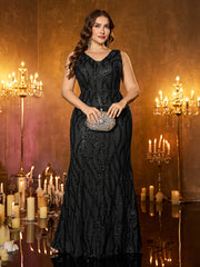 Teal Wave‑Pattern Sequin Sleeveless V‑Neck Plus‑Size Mermaid Evening Gown