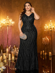 Teal Wave‑Pattern Sequin Sleeveless V‑Neck Plus‑Size Mermaid Evening Gown