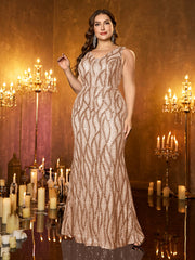 Teal Wave‑Pattern Sequin Sleeveless V‑Neck Plus‑Size Mermaid Evening Gown