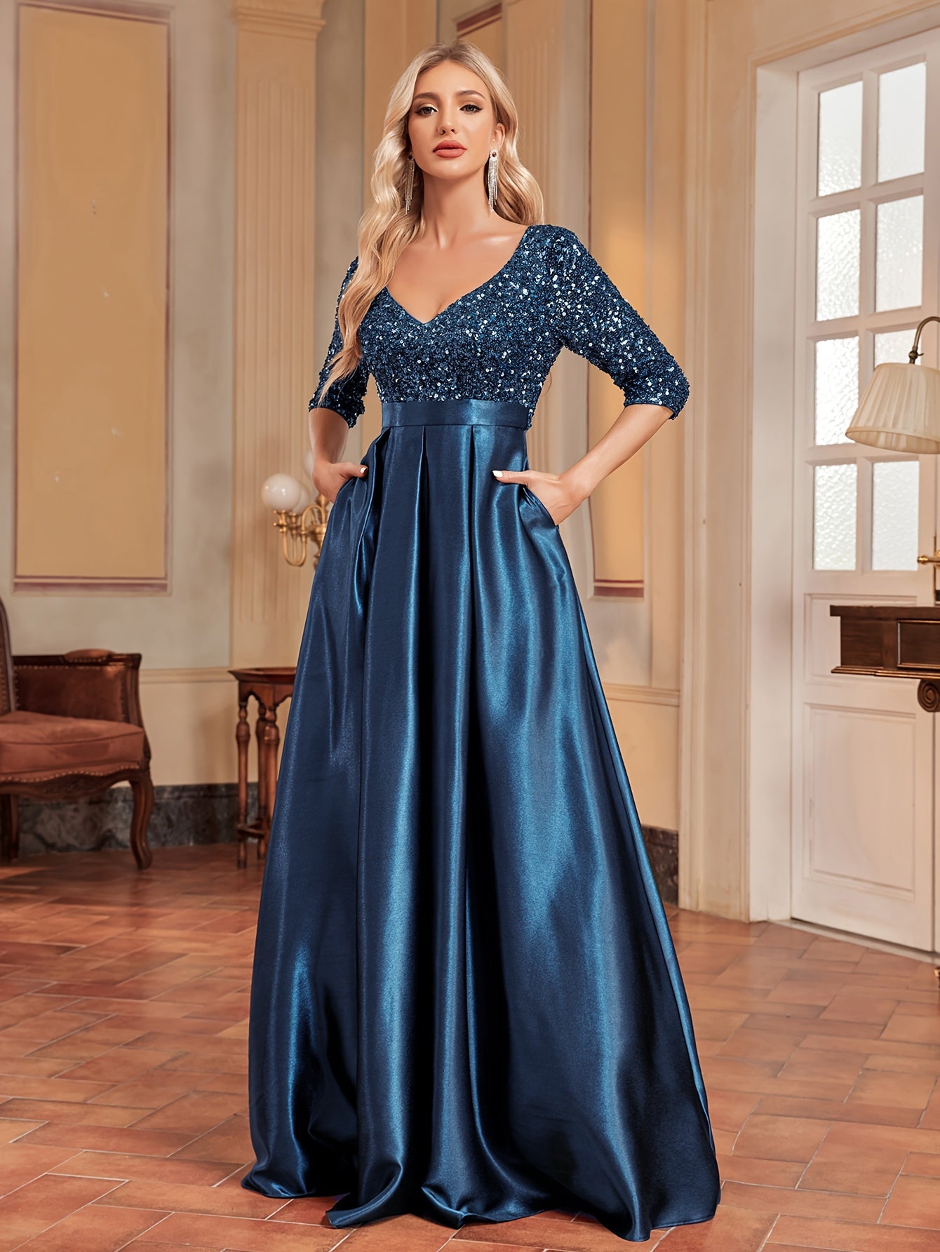Sequined V-neck Splicing Dress | XUIBOL