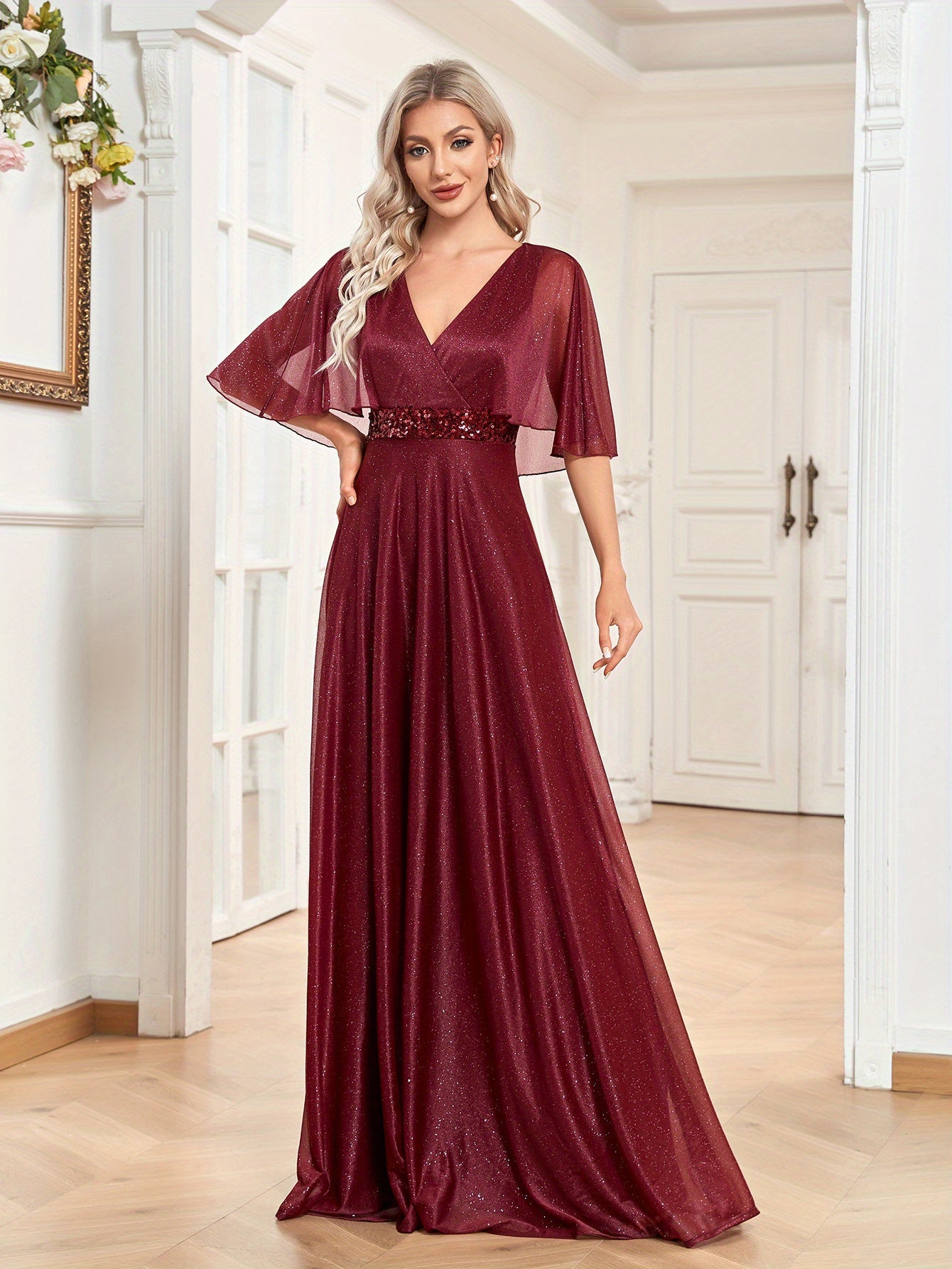 Cape Sleeve Sequin Bridesmaid Dress, Elegant Surplice Neck Floor Length Dress For Wedding Party | XUIBOL