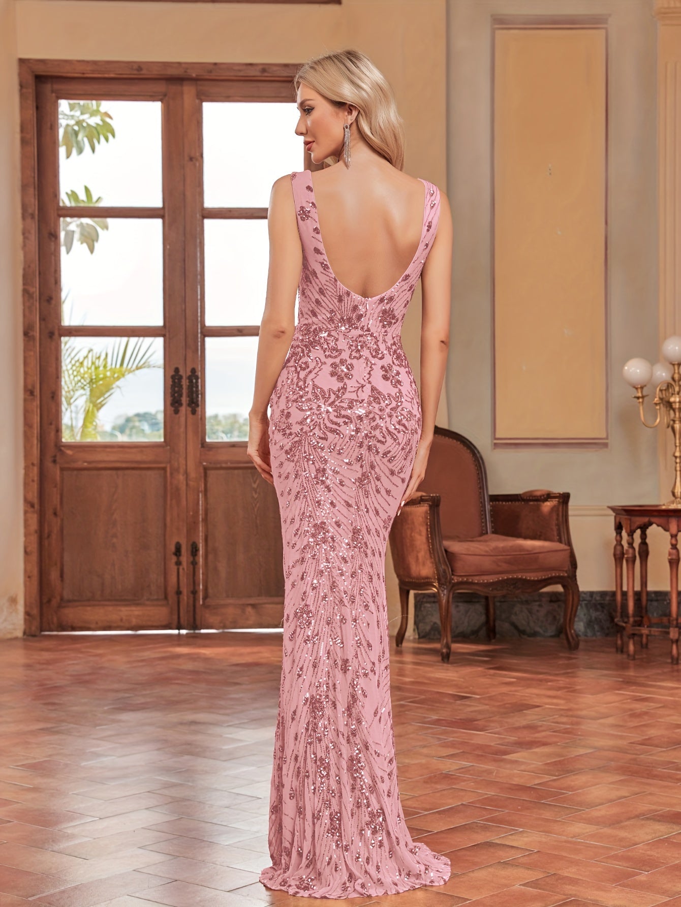 Contrast Sequin Backless Dress, Party Wear Sleeveless Bodycon Maxi Dress | XUIBOL