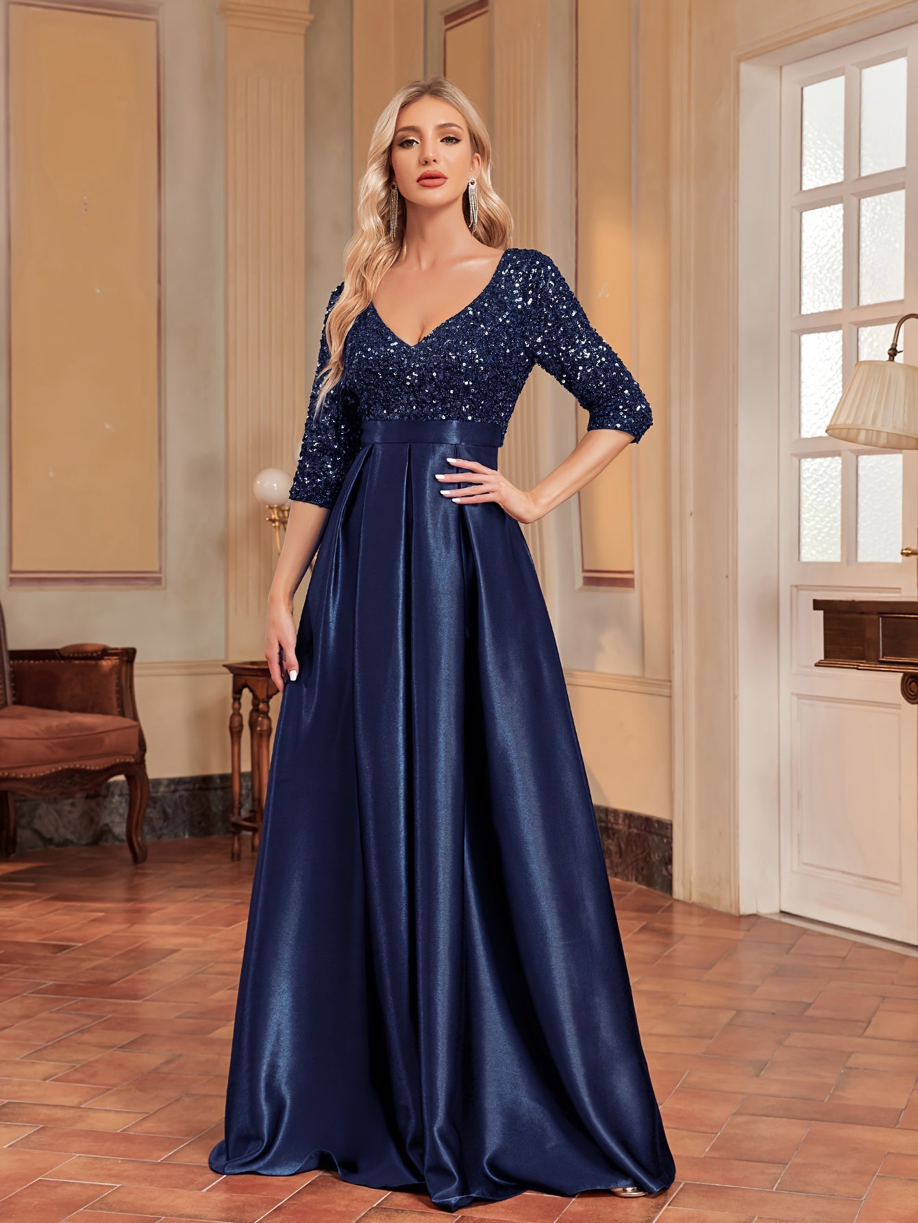 Sequined V-neck Splicing Dress | XUIBOL