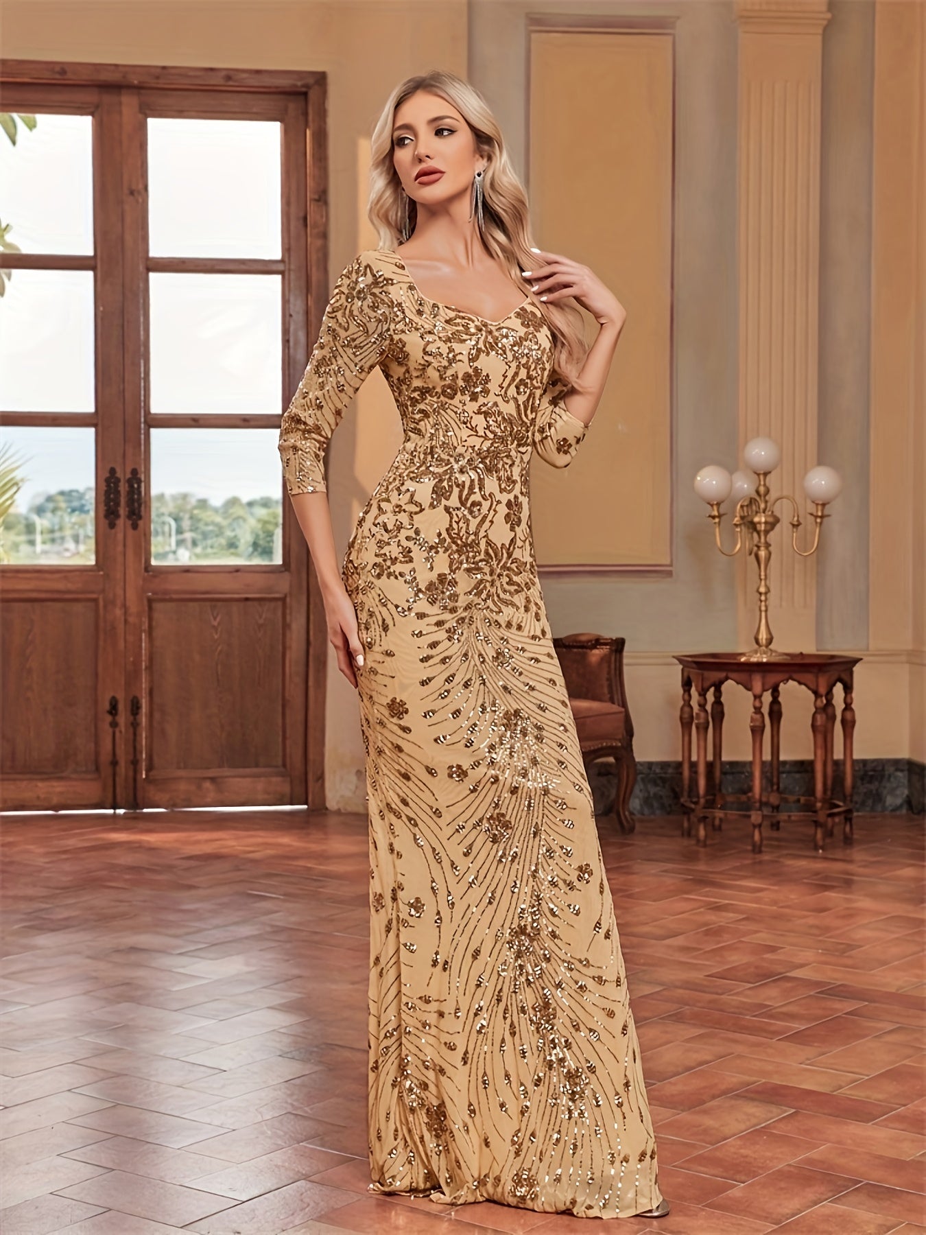 Sequin Decor Mermaid Bridesmaid Dress, Elegant Three-quarter Sleeve Slim Dress For Wedding Party | XUIBOL