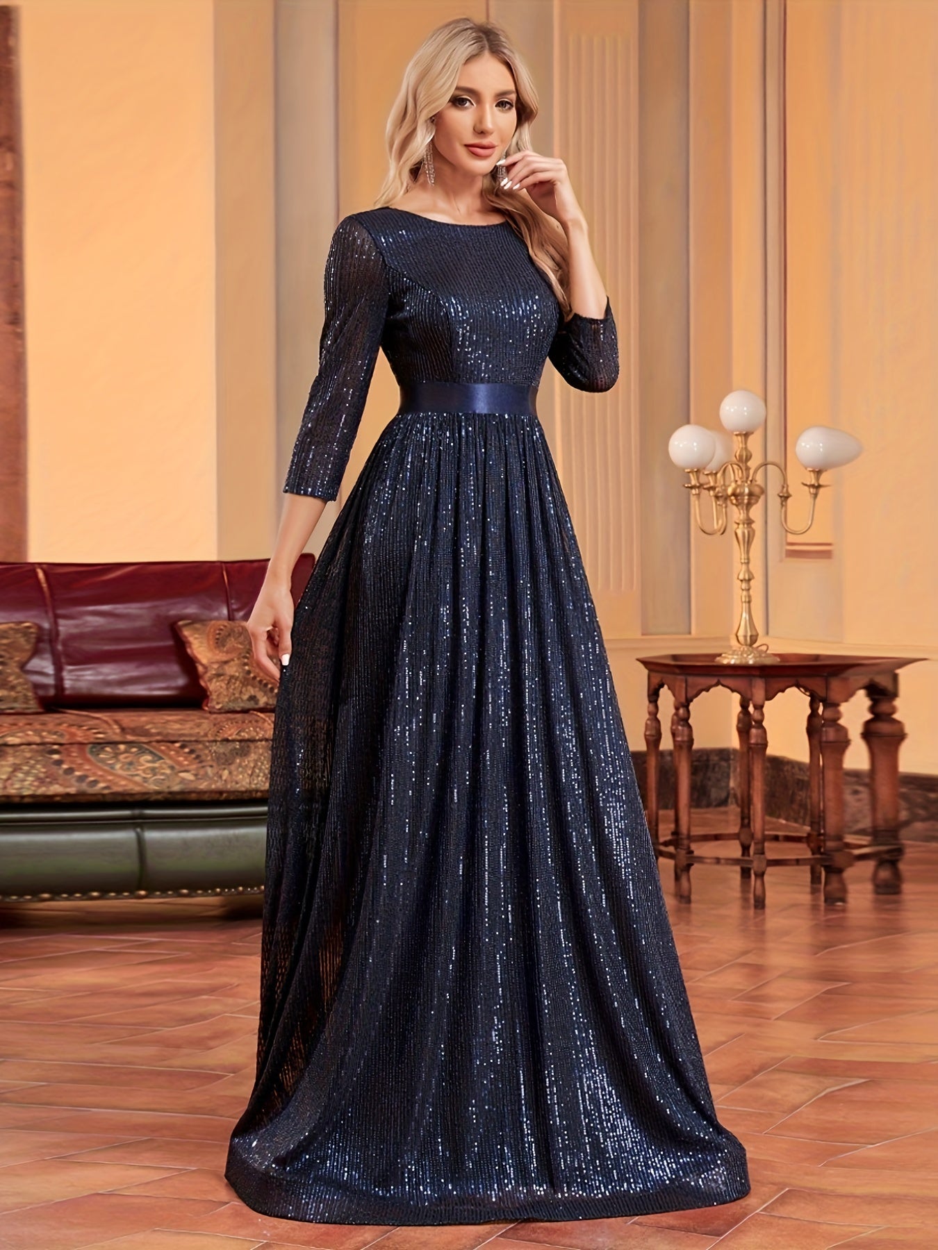 Three-quarter Sleeve Sequin Dress, Elegant Crew Neck Floor Length Dress | XUIBOL