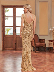 Contrast Sequin Backless Dress
