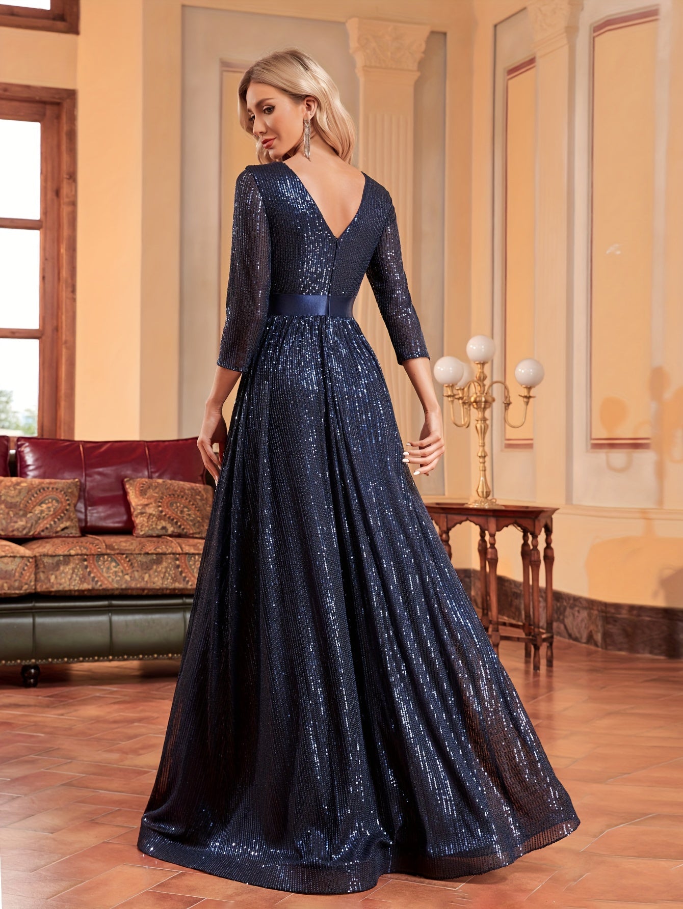 Three-quarter Sleeve Sequin Dress, Elegant Crew Neck Floor Length Dress | XUIBOL