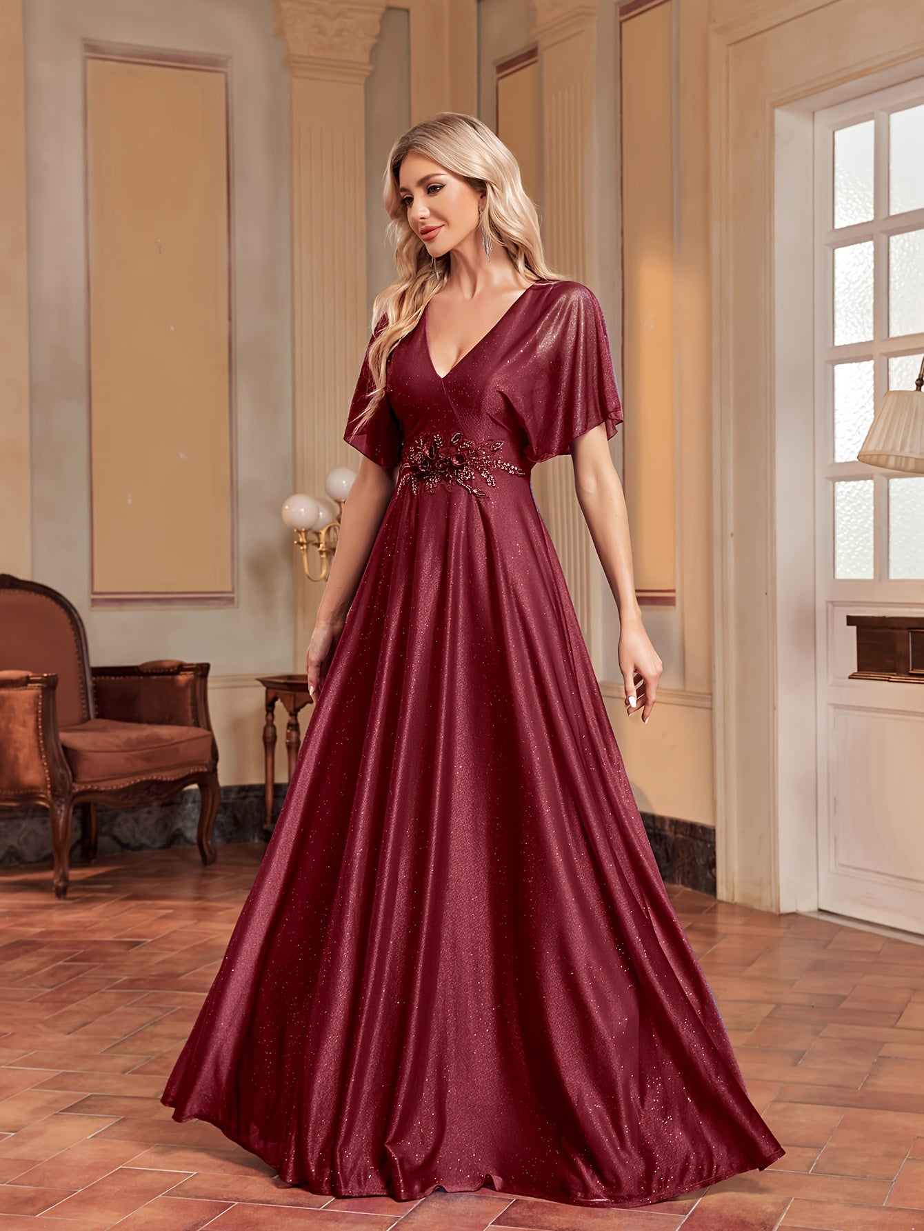 Flutter Sleeve Floral Decor Bridesmaid Dress | XUIBOL