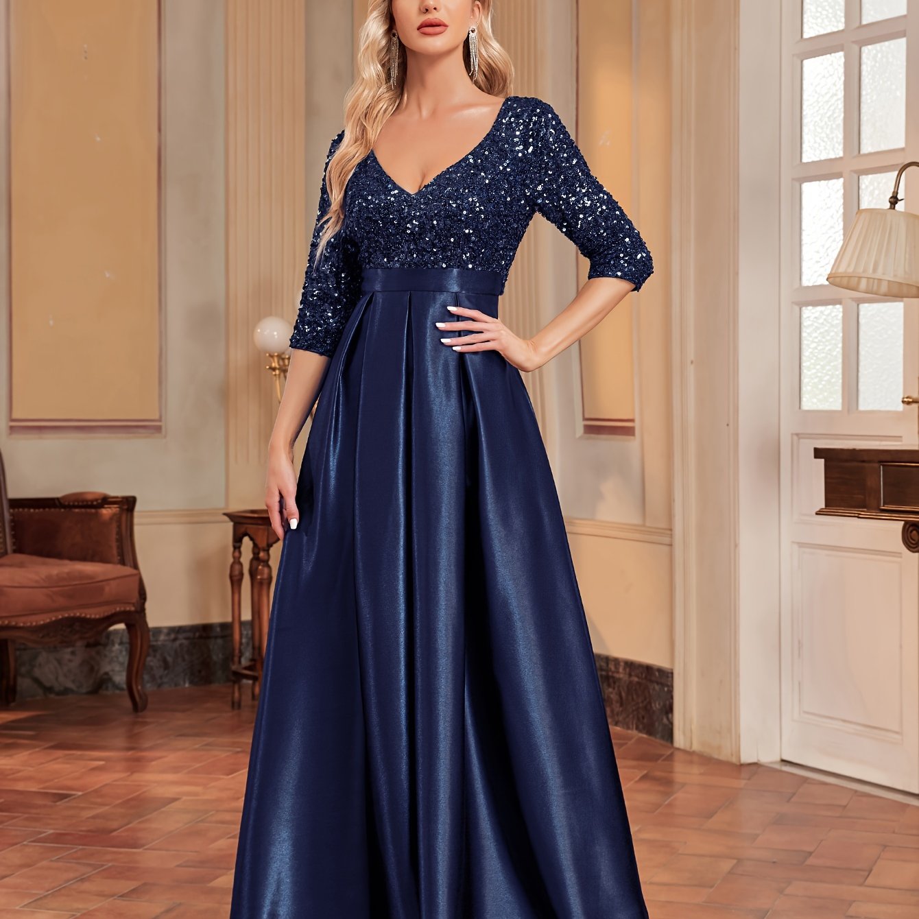 Sequined V-neck Splicing Dress | XUIBOL