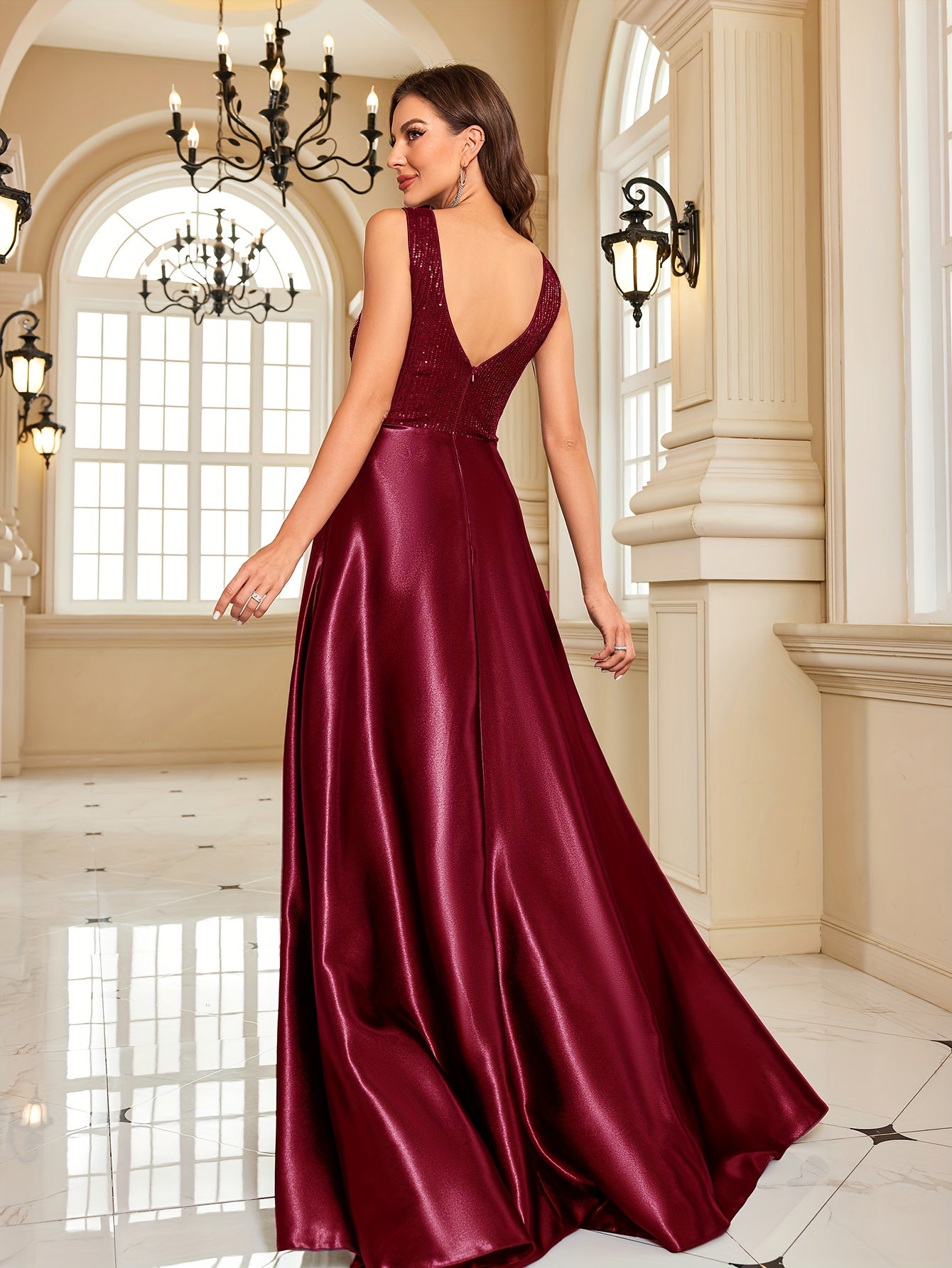 Sequin Sleeveless Bridesmaid Dress, Elegant V-neck Floor Length Dress For Wedding Party | XUIBOL