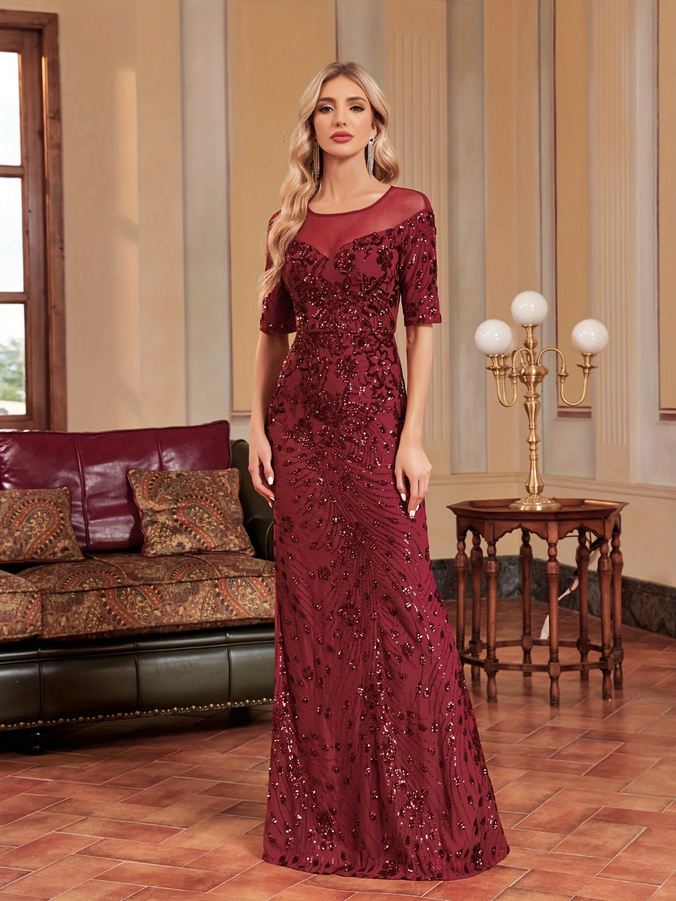 Sequin Illusion Neck Mermaid Dress | XUIBOL