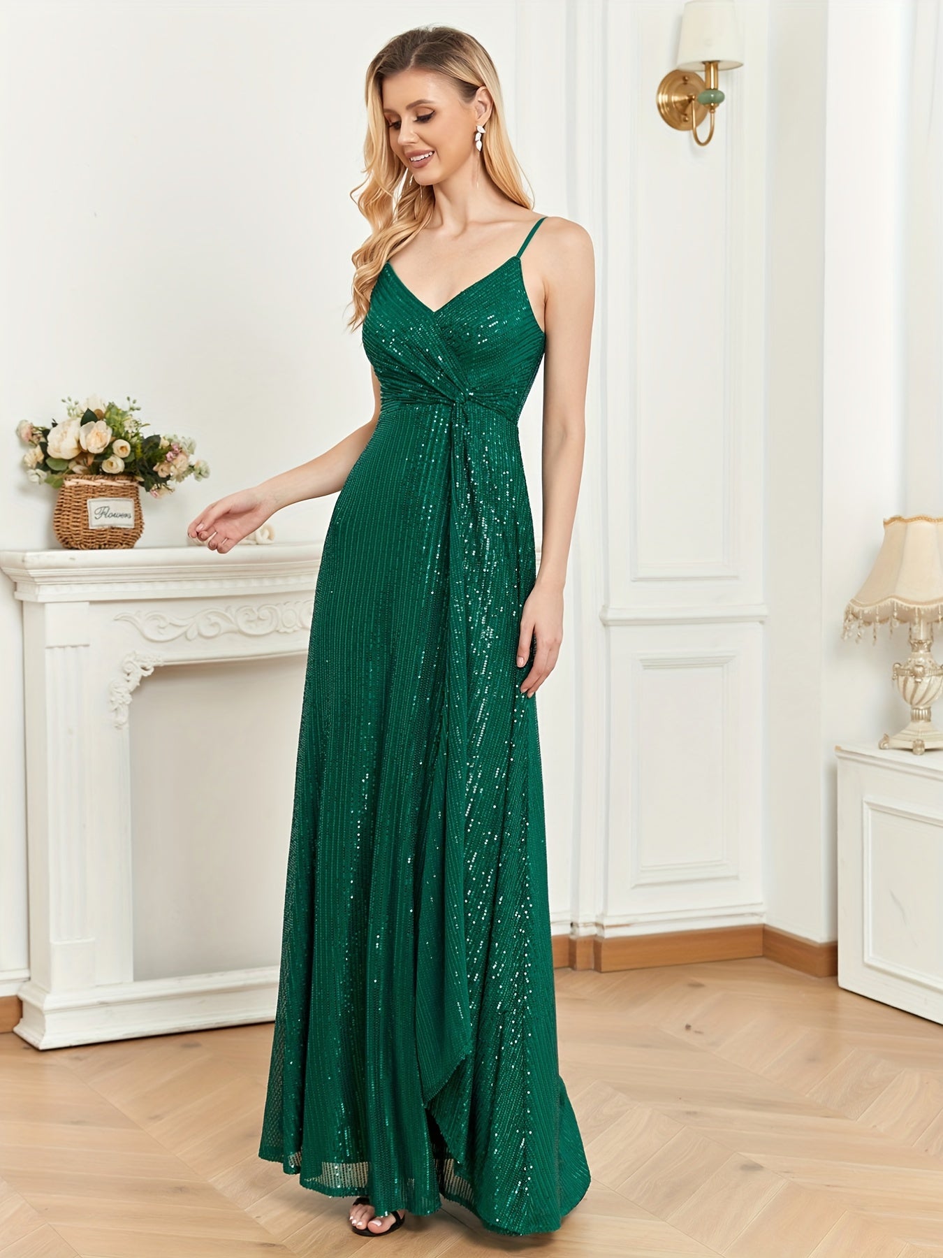Sequined Bridesmaid Strap Dress, Elegant Surplice Neck Twist Front Dress For Wedding Party | XUIBOL