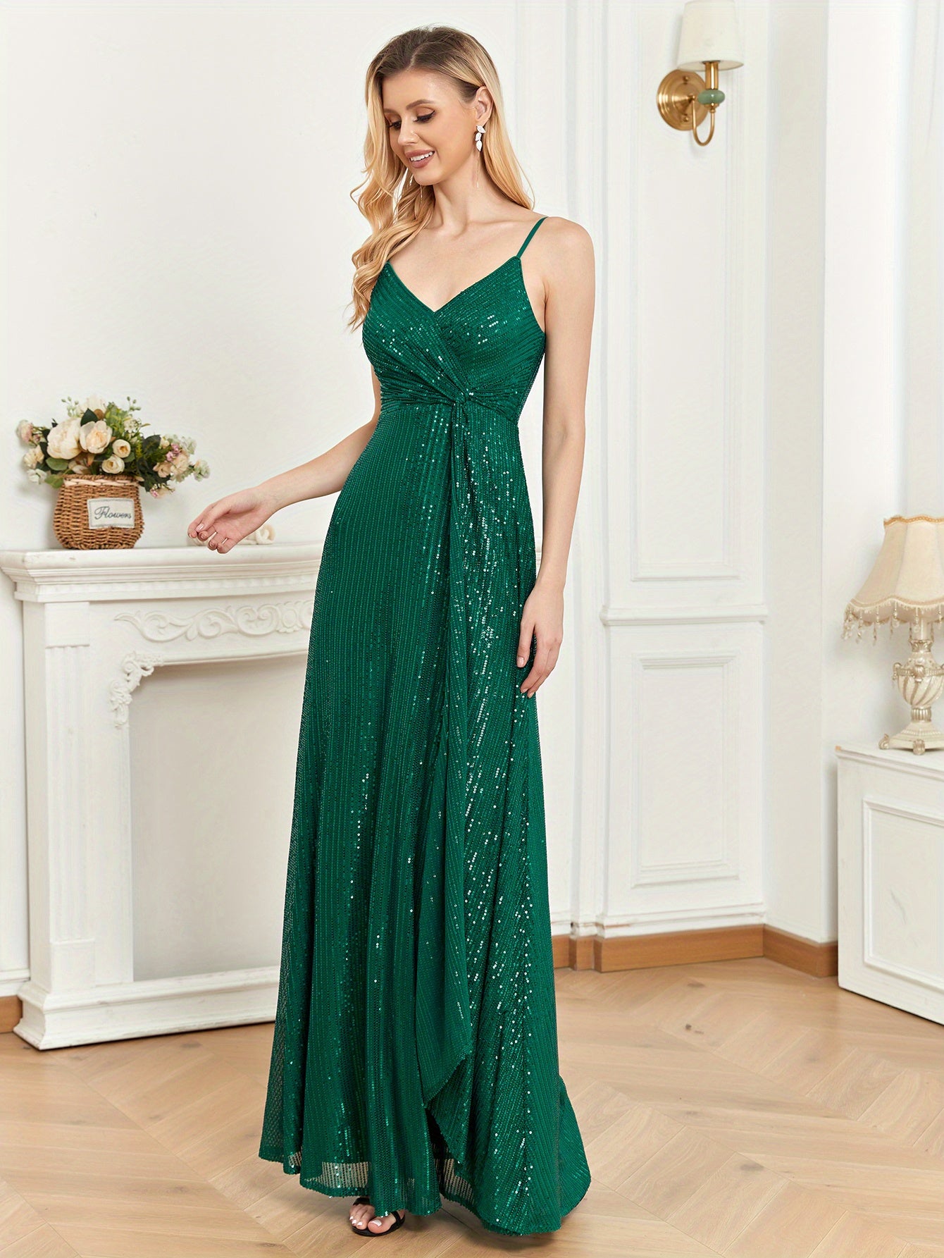 Sequined Bridesmaid Strap Dress, Elegant Surplice Neck Twist Front Dress For Wedding Party | XUIBOL