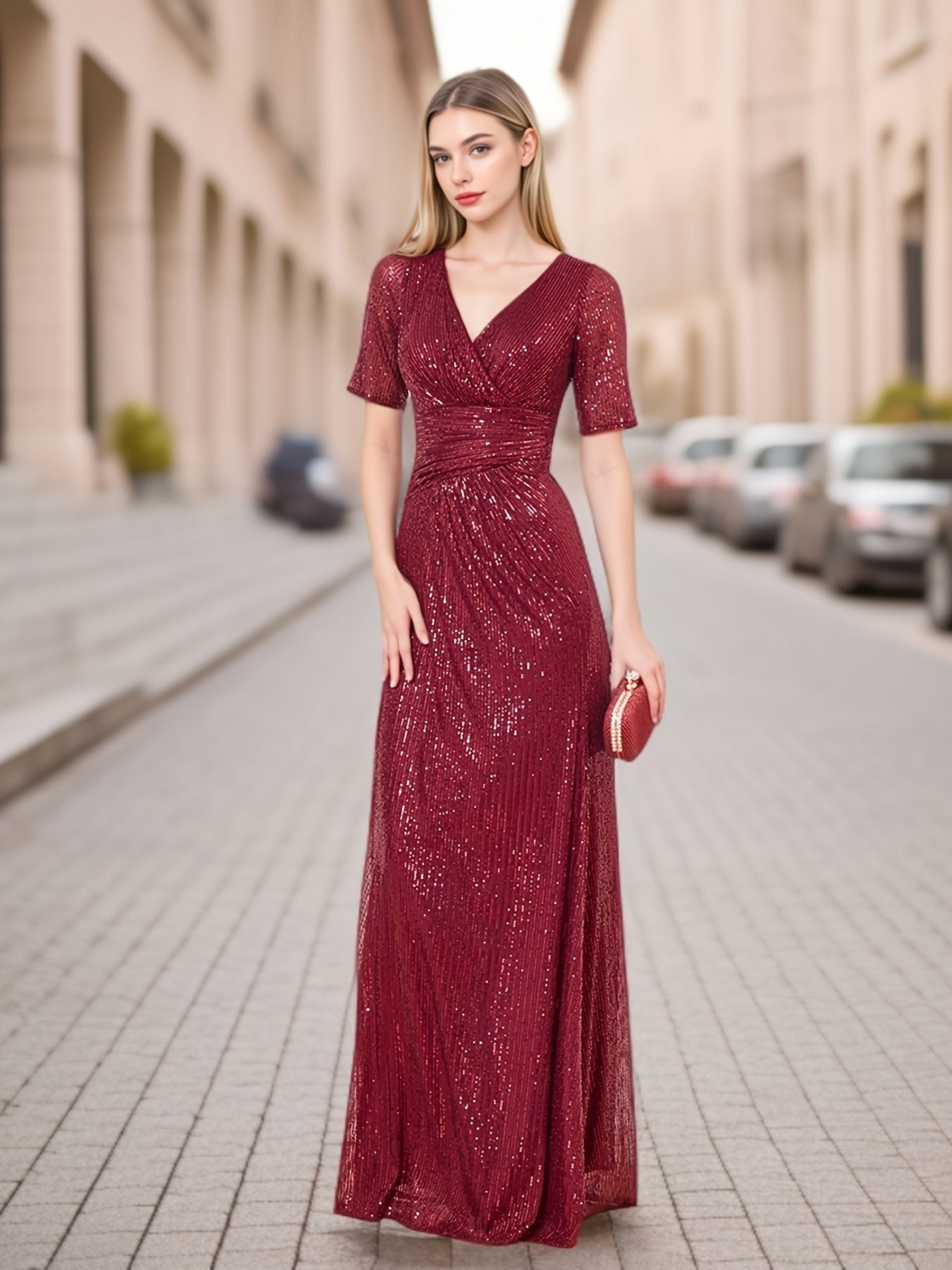 XUIBOL | Surplice Neck Sequin Bridesmaid Dress, Elegant Short Sleeve Dress For Wedding Party