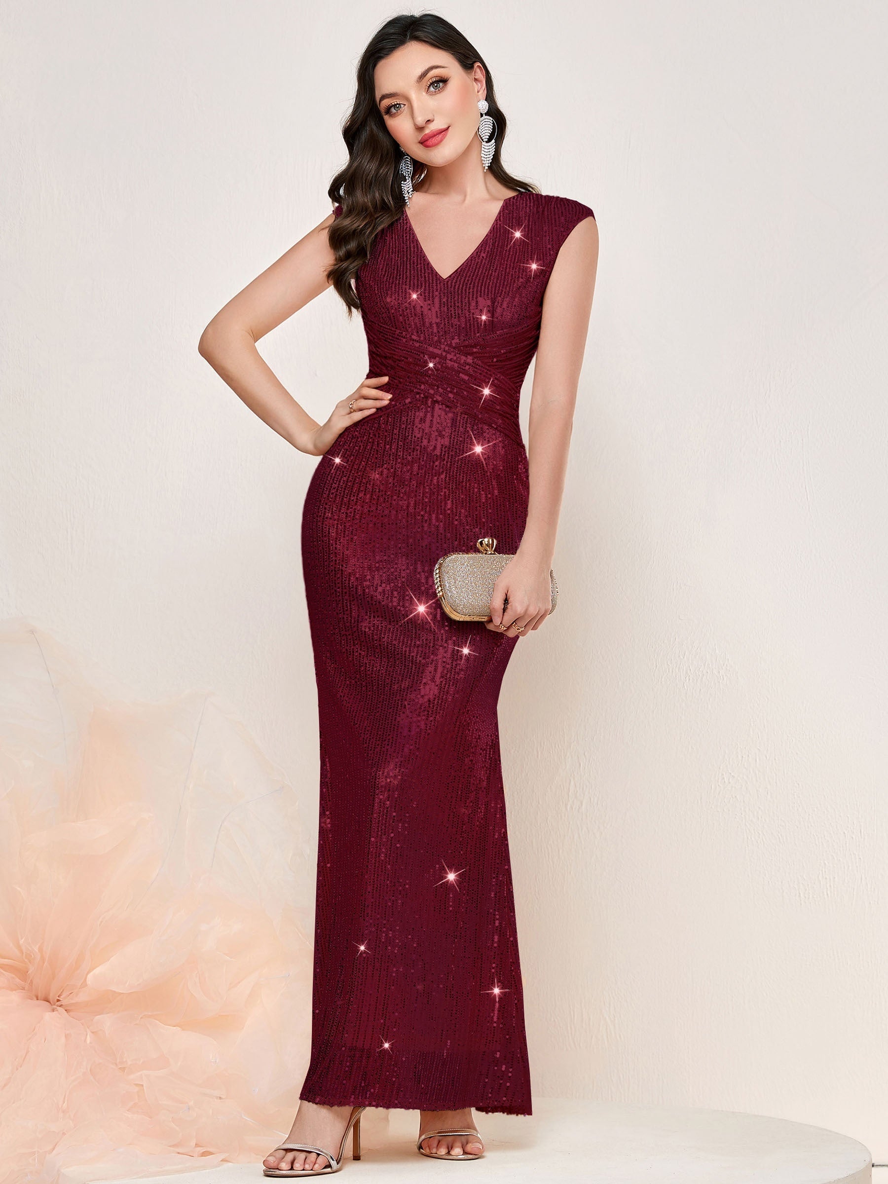 XUIBOL | Contrast Sequin Sleeveless Dress, Elegant V Neck Bodycon Party Maxi Dress