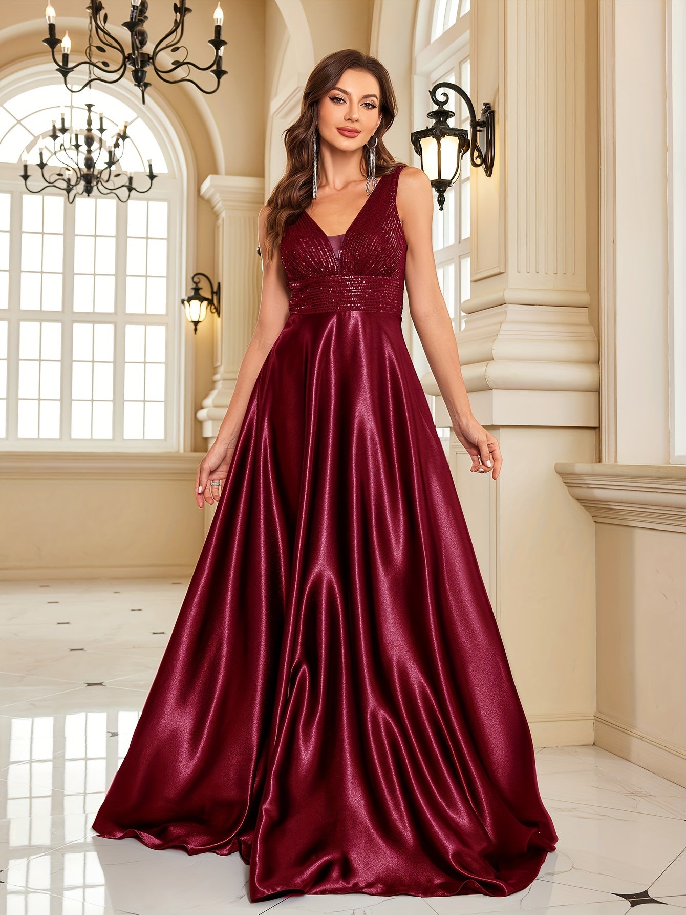 Sequin Sleeveless Bridesmaid Dress, Elegant V-neck Floor Length Dress | XUIBOL