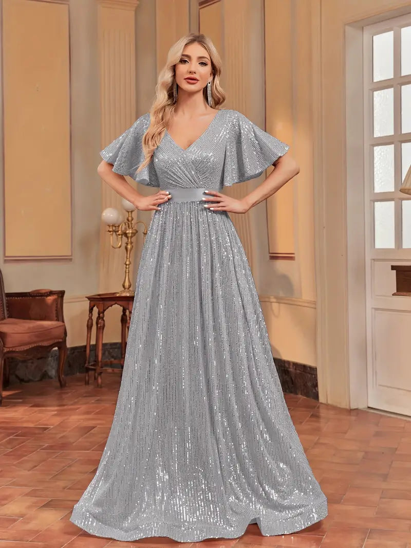 Flutter Sleeve A-line Sequin Dress | XUIBOL
