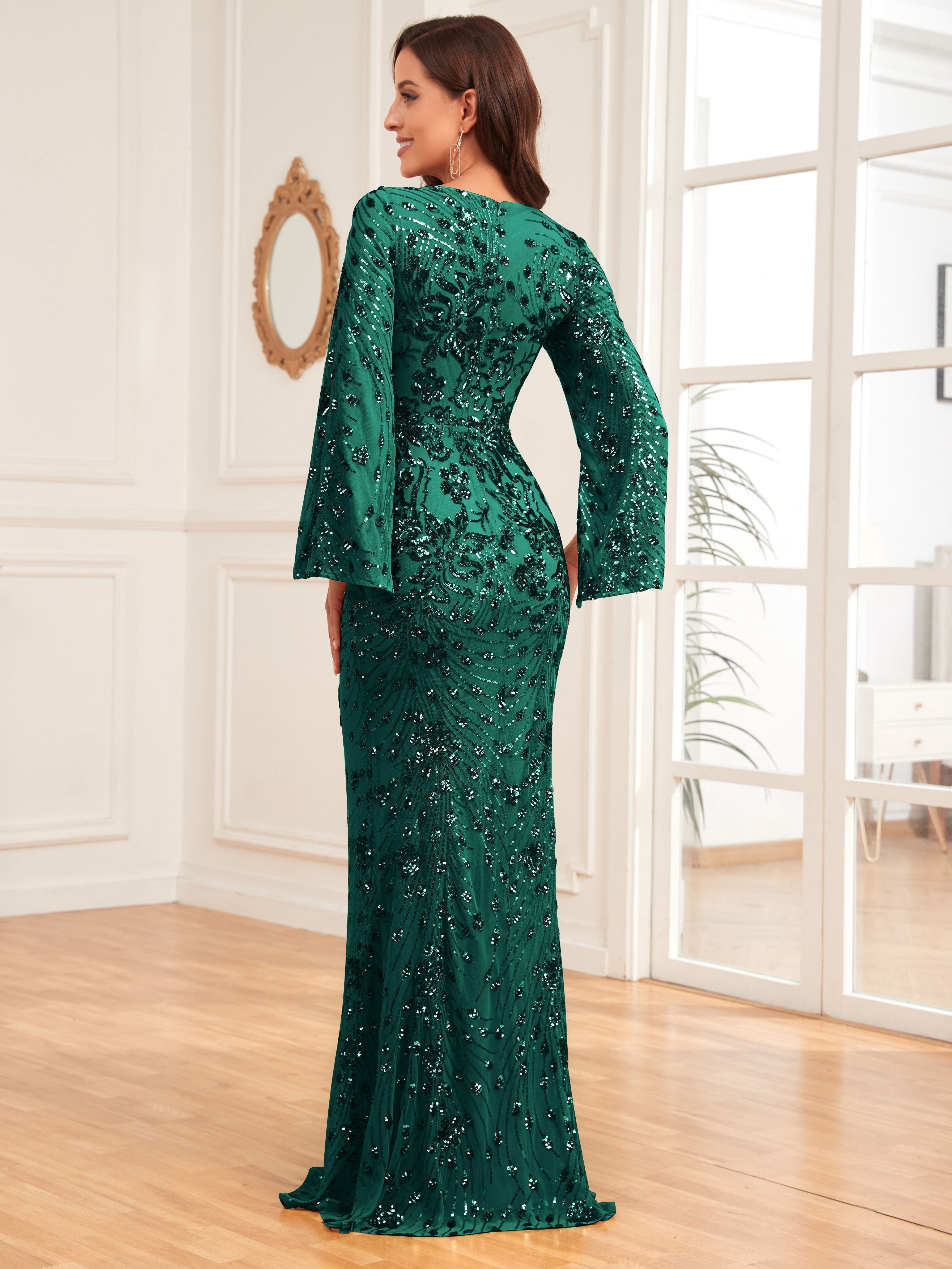 Sequin Decor Cape Sleeve Bridesmaid Dress, Elegant V-neck Mermaid Dress For Wedding Party | XUIBOL