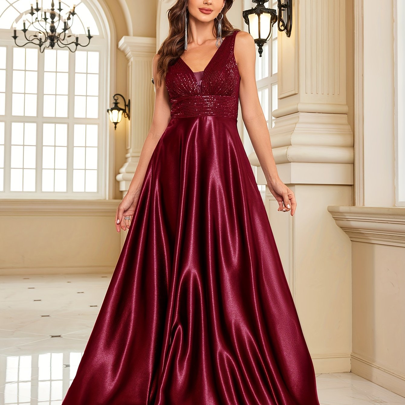 Sequin Sleeveless Bridesmaid Dress, Elegant V-neck Floor Length Dress | XUIBOL