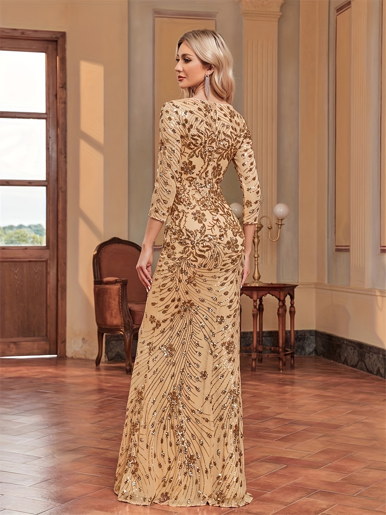 Sequin Decor Mermaid Bridesmaid Dress, Elegant Three-quarter Sleeve Slim Dress For Wedding Party | XUIBOL