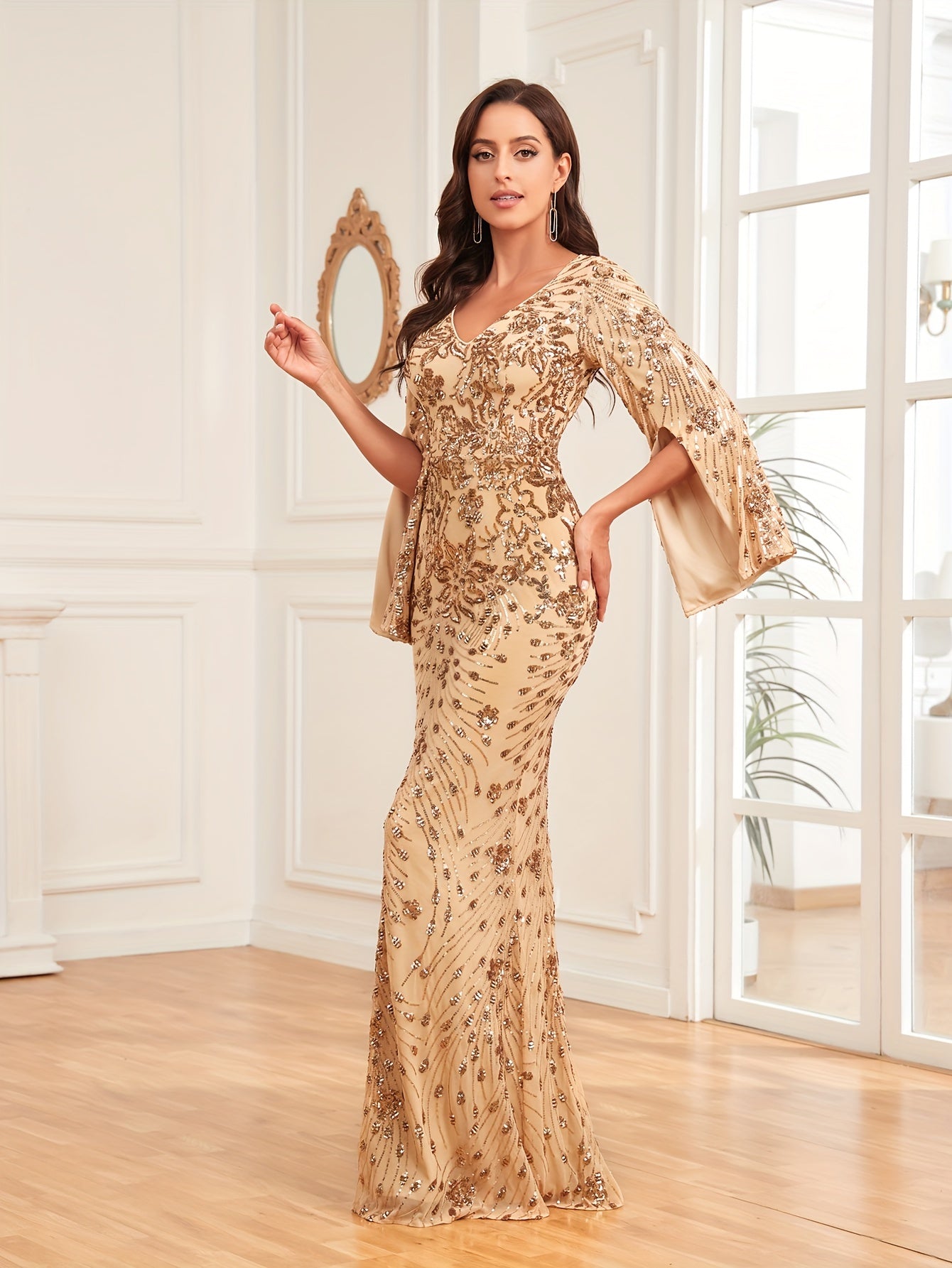 Sequin Decor Cape Sleeve Bridesmaid Dress, Elegant V-neck Mermaid Dress For Wedding Party | XUIBOL