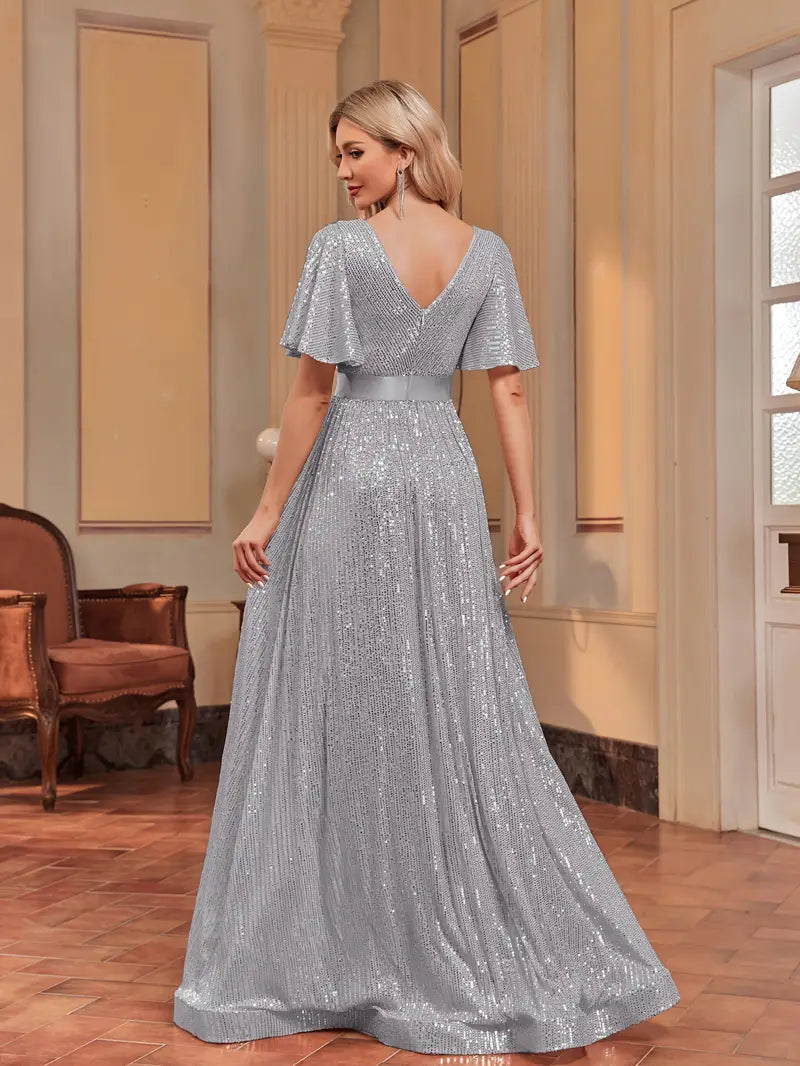 Flutter Sleeve A-line Sequin Dress | XUIBOL