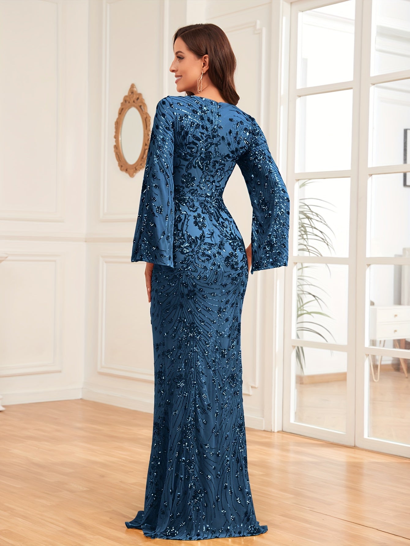 Sequin Decor Cape Sleeve Bridesmaid Dress, Elegant V-neck Mermaid Dress For Wedding Party | XUIBOL