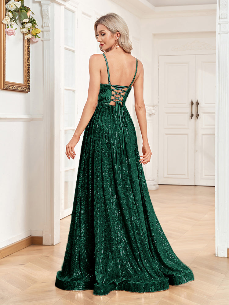 XUIBOL | a-line spaghetti strap sequin prom gown
