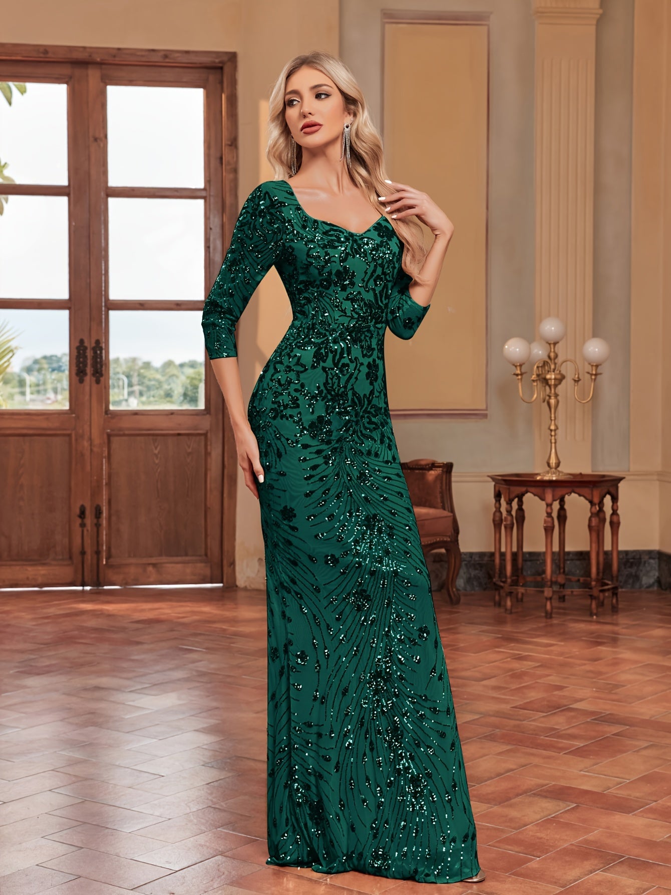 Sequin Decor Mermaid Bridesmaid Dress, Elegant Three-quarter Sleeve Slim Dress For Wedding Party | XUIBOL
