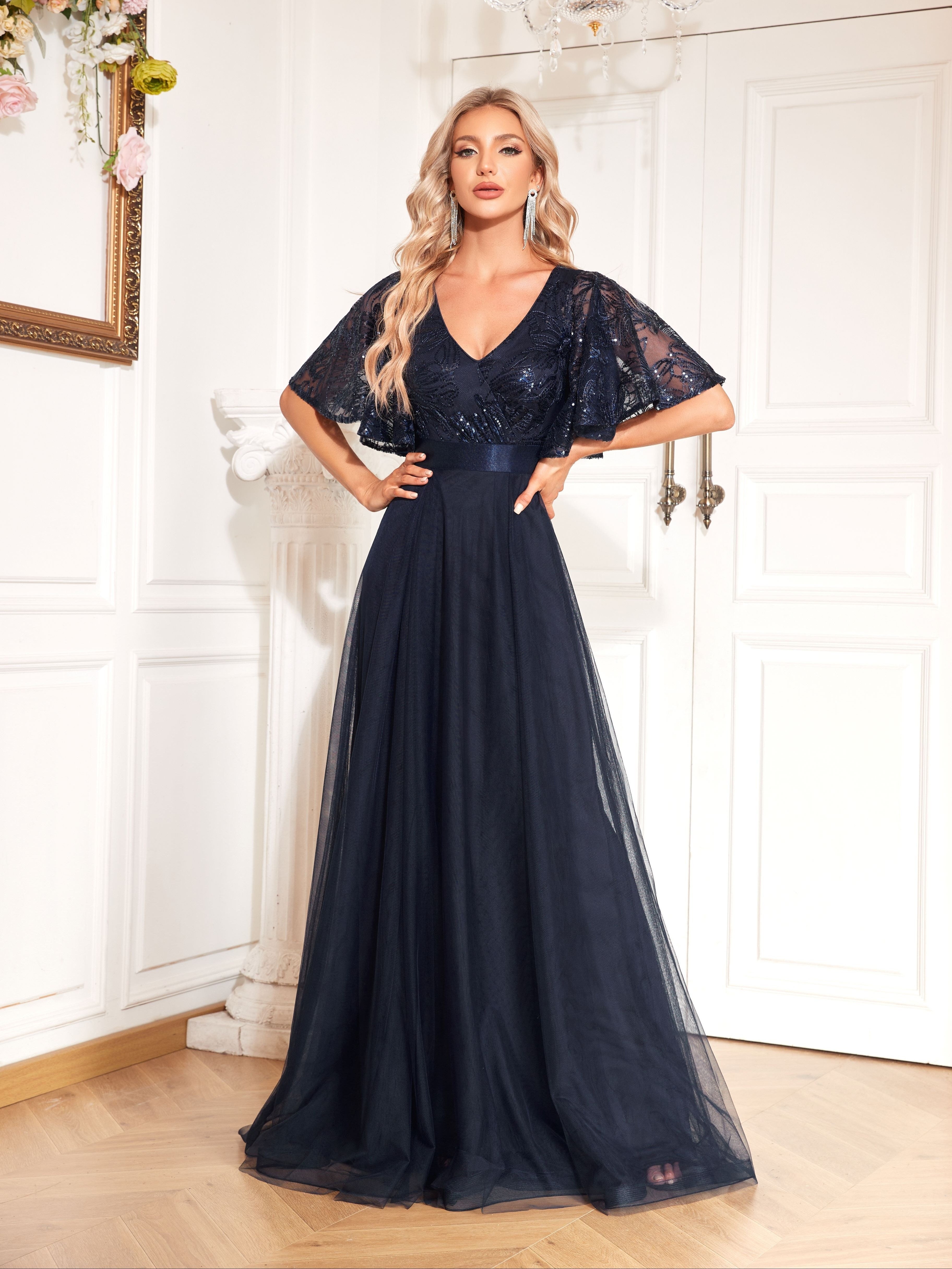 Solid Sequin  Cut Out Bridesmaid Dress, Elegant V Neck Short Sleeve Long Length Lace Dress | XUIBOL
