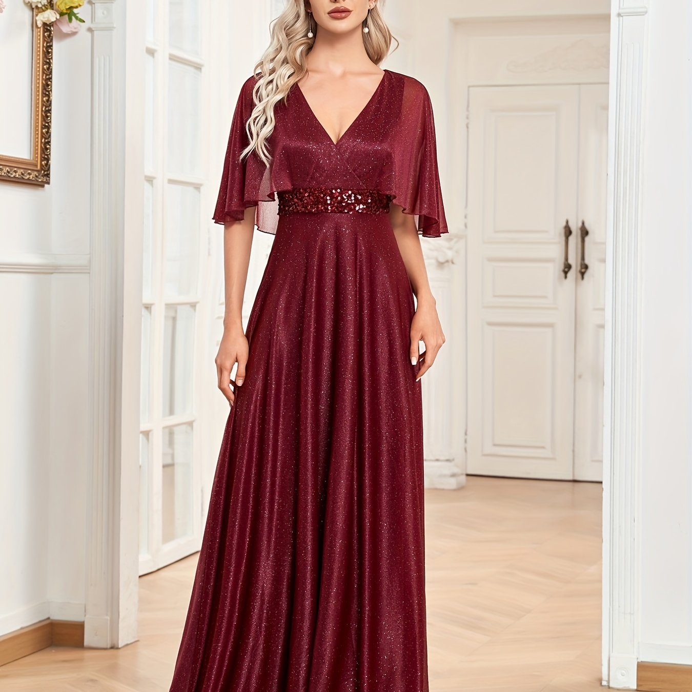 Cape Sleeve Sequin Bridesmaid Dress, Elegant Surplice Neck Floor Length Dress For Wedding Party | XUIBOL