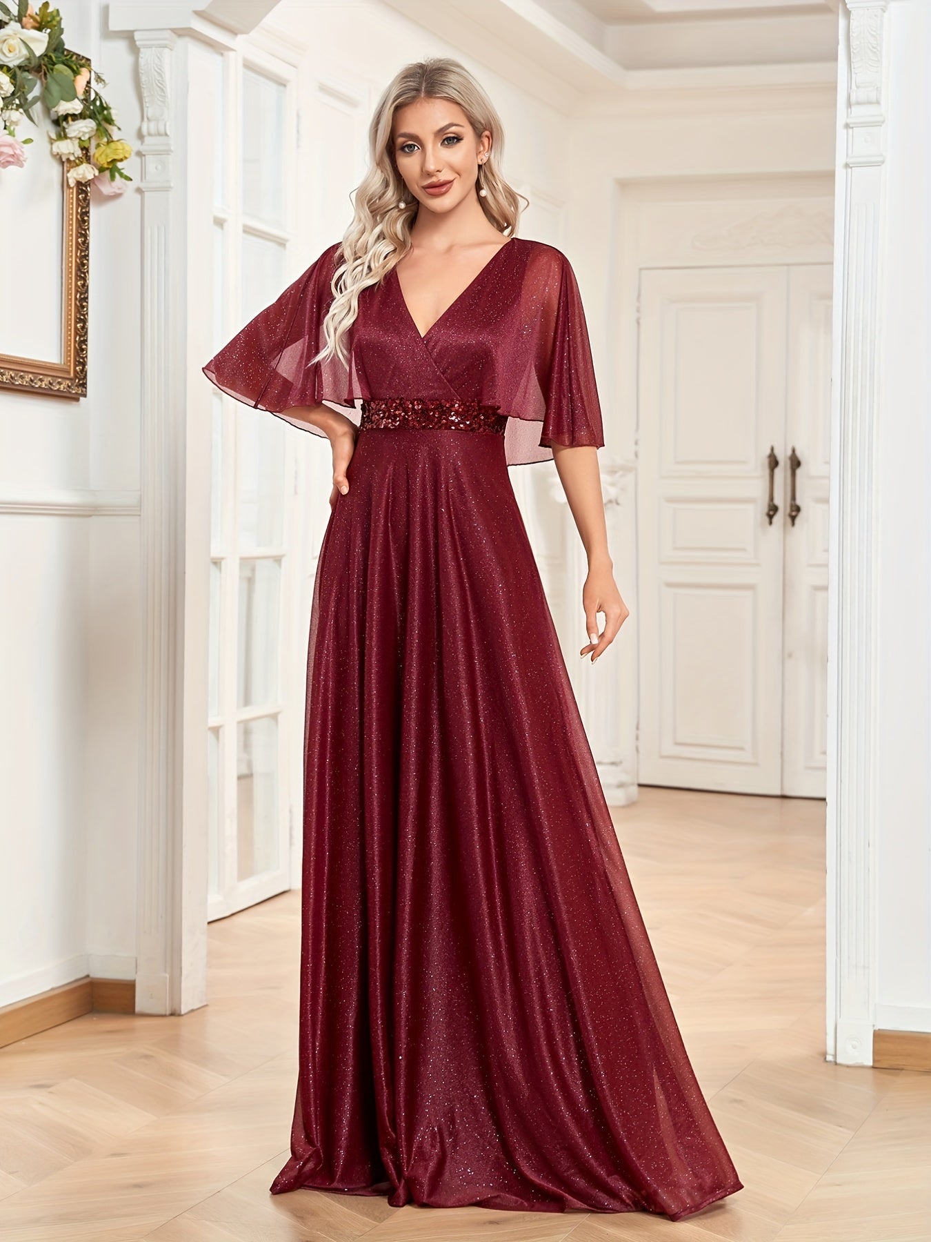 Cape Sleeve Sequin Bridesmaid Dress, Elegant Surplice Neck Floor Length Dress For Wedding Party | XUIBOL