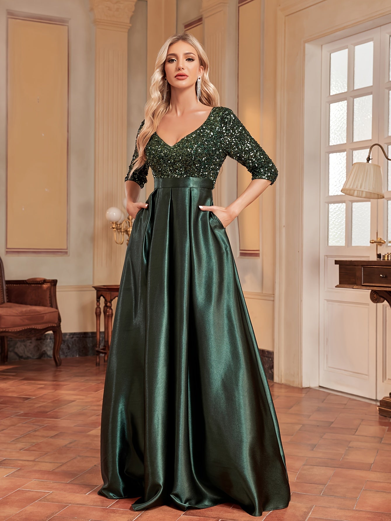 Sequined V-neck Splicing Dress | XUIBOL