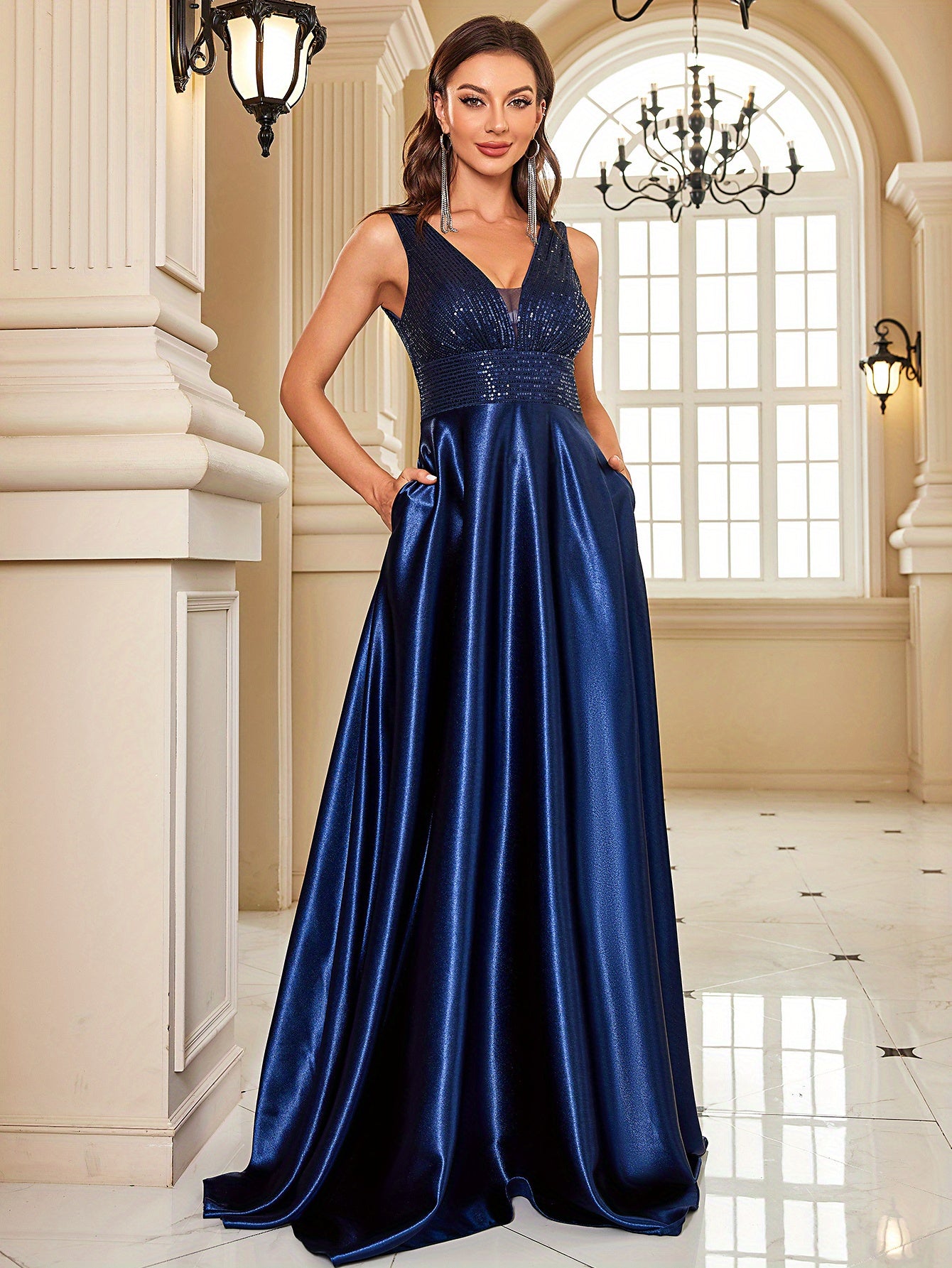 Sequin Sleeveless Bridesmaid Dress, Elegant V-neck Floor Length Dress | XUIBOL