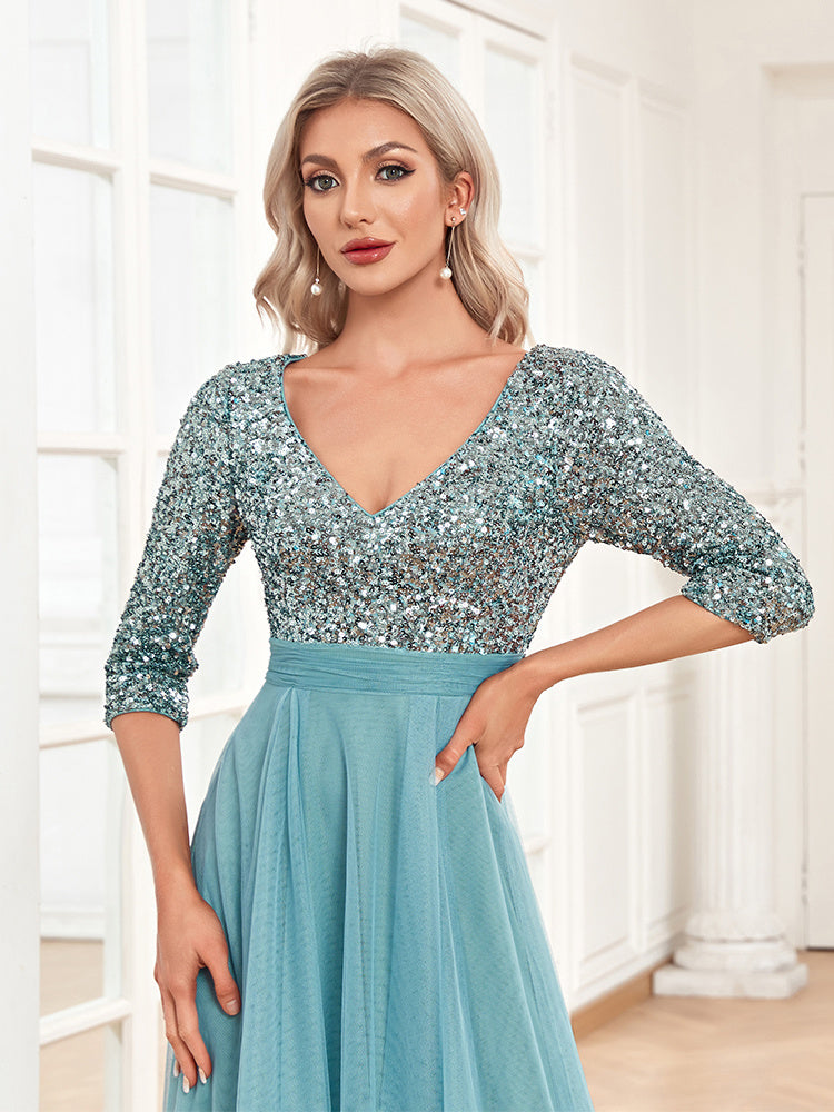 V-neck Contrast Sequin Long Dress | XUIBOL