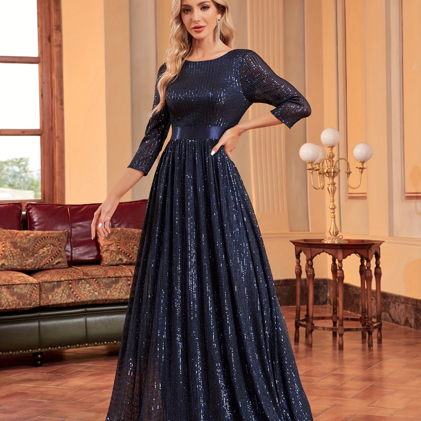 Three-quarter Sleeve Sequin Dress, Elegant Crew Neck Floor Length Dress | XUIBOL