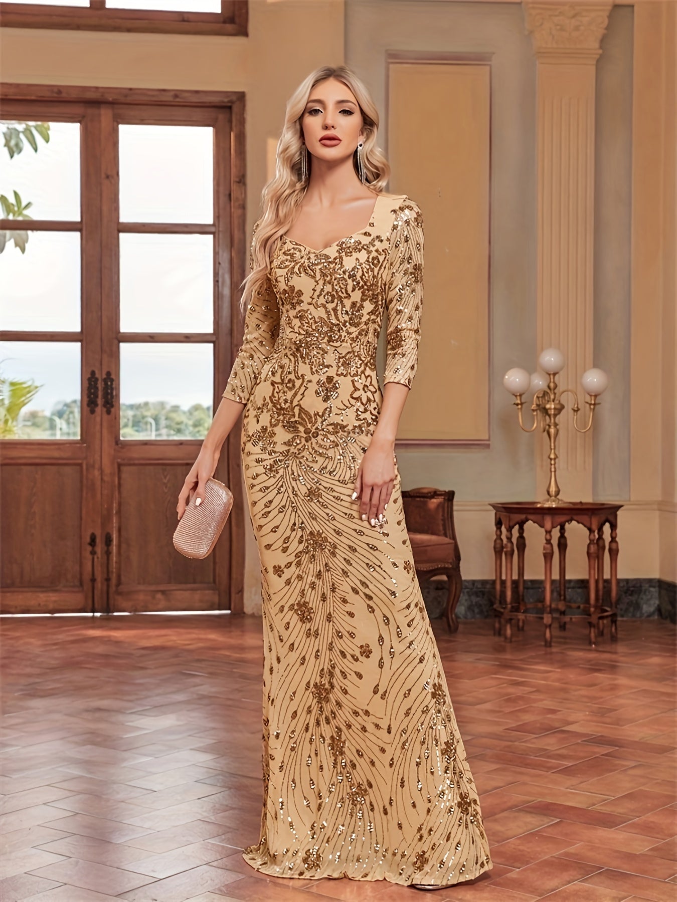 Sequin Decor Mermaid Bridesmaid Dress, Elegant Three-quarter Sleeve Slim Dress For Wedding Party | XUIBOL