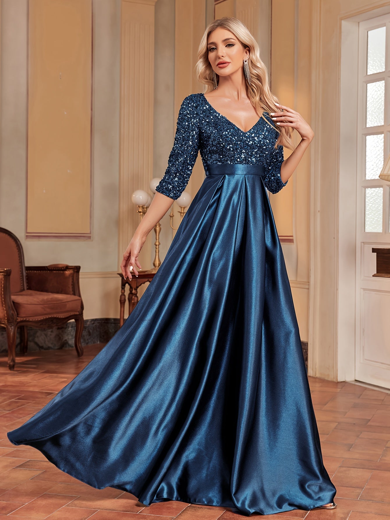 Sequined V-neck Splicing Dress | XUIBOL