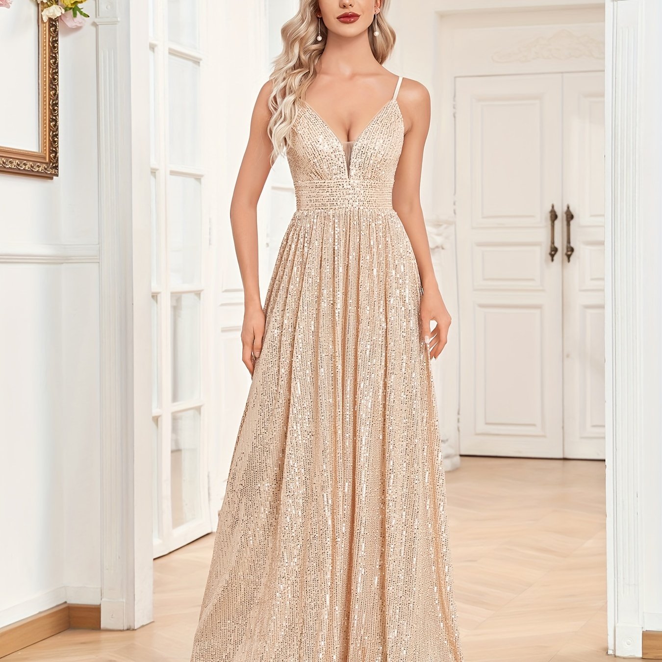 Sequined Bridesmaid Strap Dress, Elegant V-neck Floor Length Dress For Wedding Party | XUIBOL