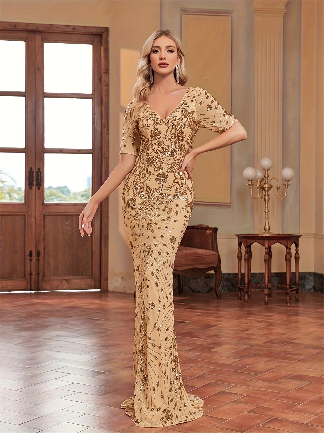 Floral Pattern Sequined Mermaid Dress, Elegant V-neck Short Sleeve Dress For Party & Banquet | XUIBOL