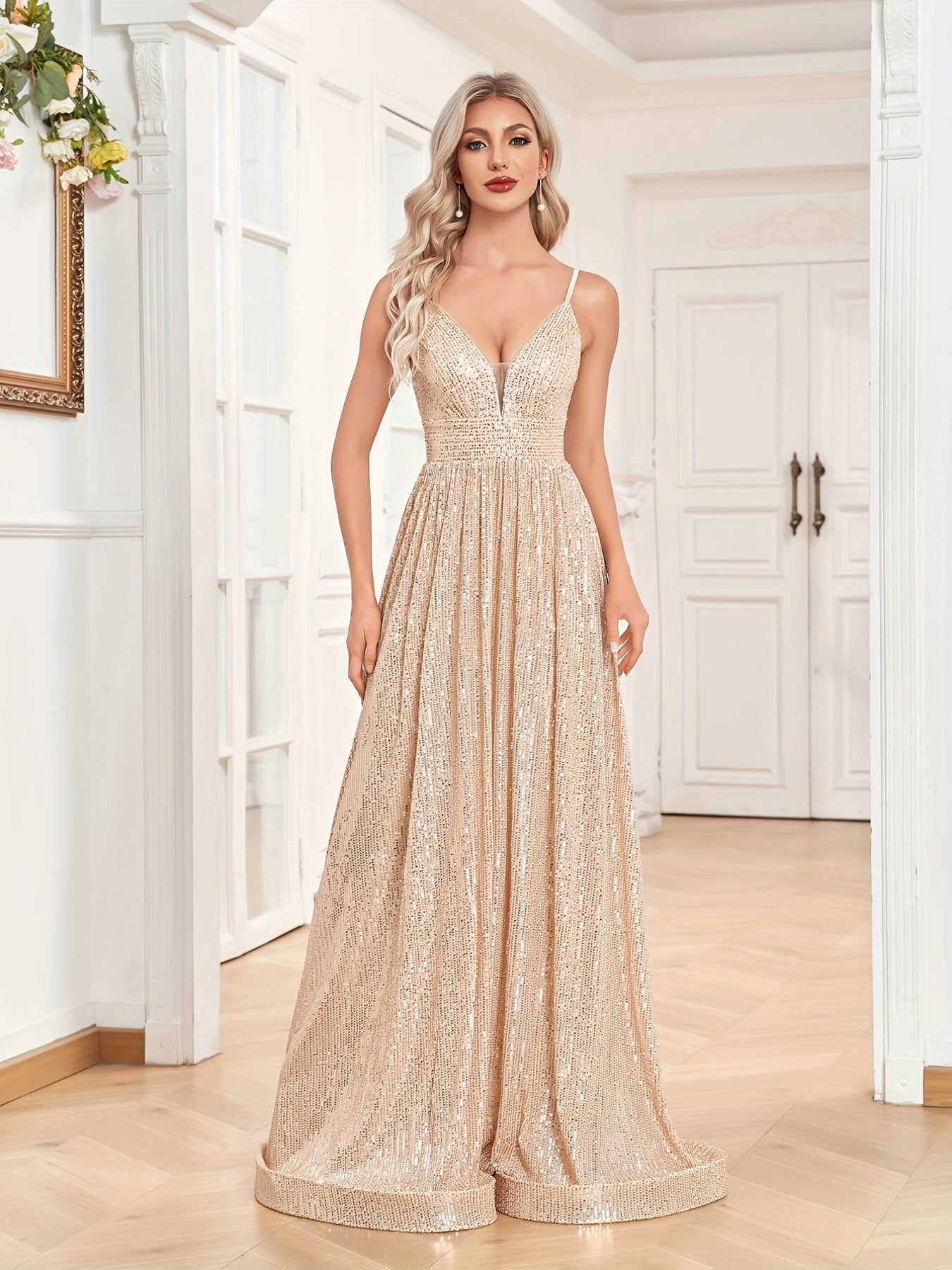 Sequined Bridesmaid Strap Dress, Elegant V-neck Floor Length Dress For Wedding Party | XUIBOL