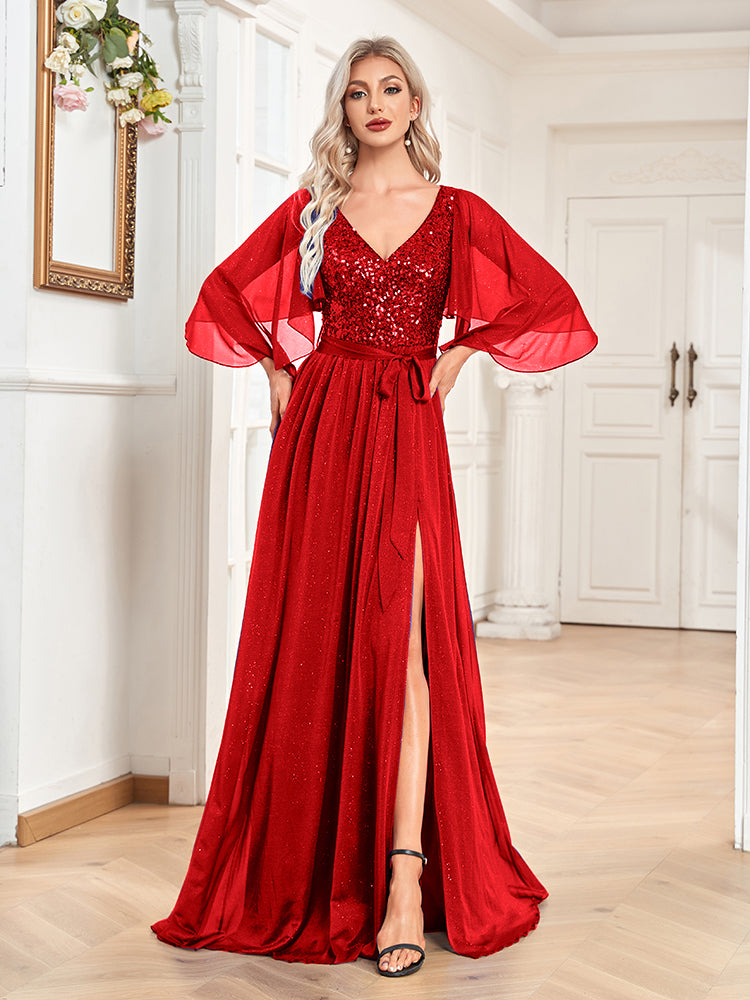 red flutter sleeve dress
