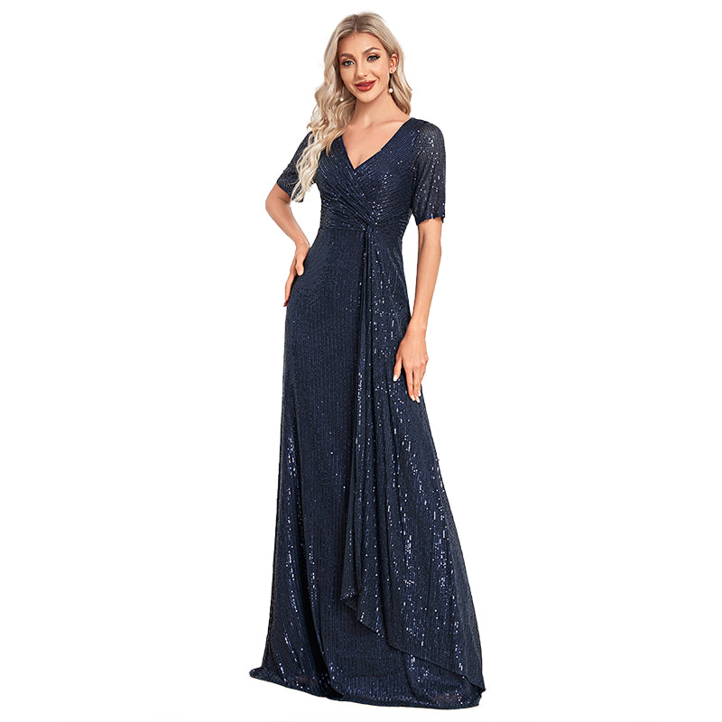 XUIBOL | v-neck_sequin_sheath_gown_Navy