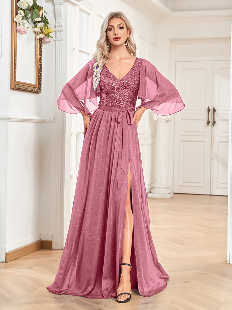 XUIBOL | Flutter_Sleeve_Sequin_With_Belt_Dress_Pink