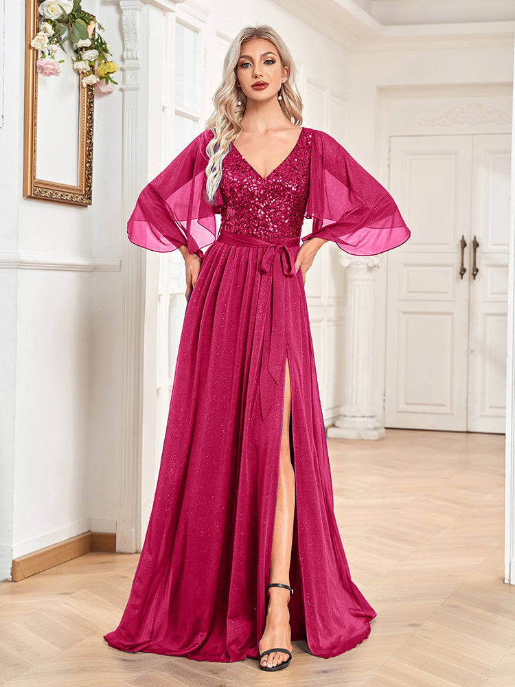 XUIBOL | Flutter_Sleeve_Sequin_With_Belt_Dress_Fushia
