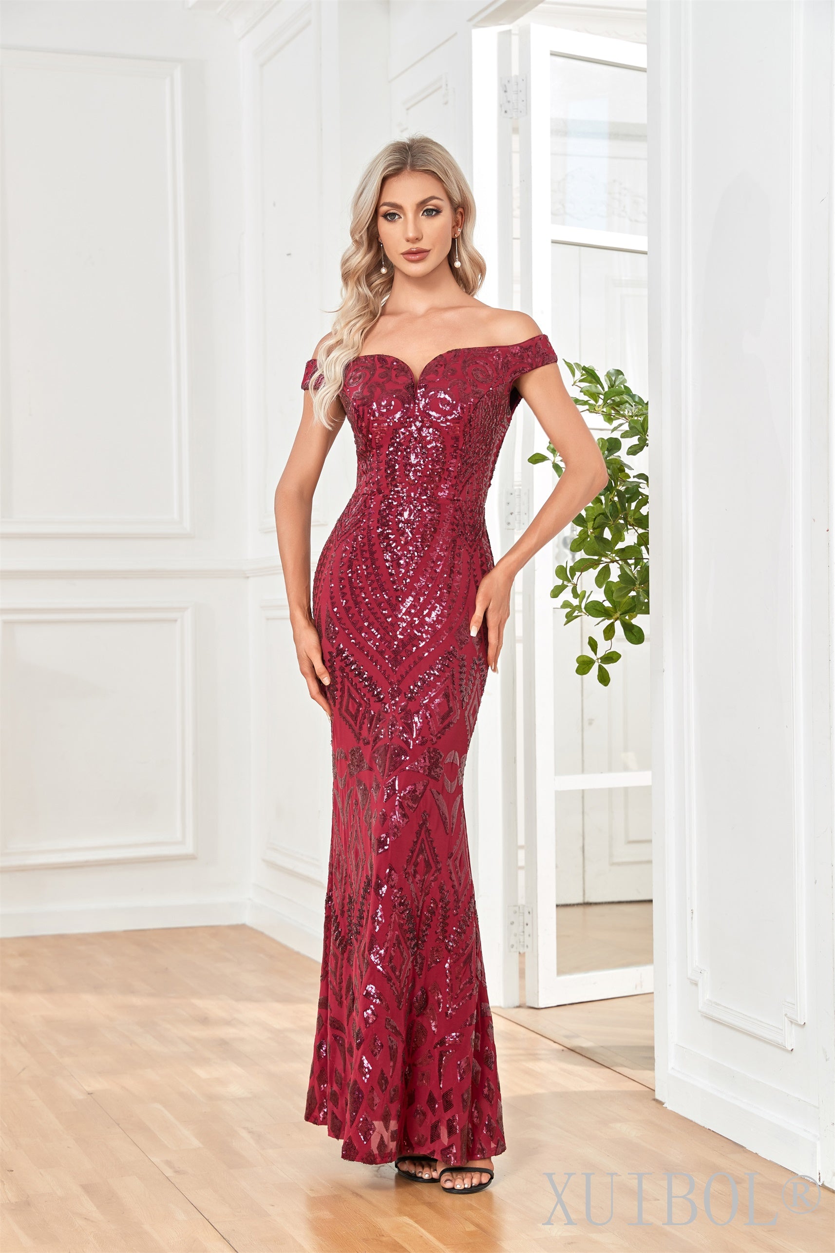 XUIBOL | Sequin_Off_The_Shoulder_Sheath_Dress_Burgundy