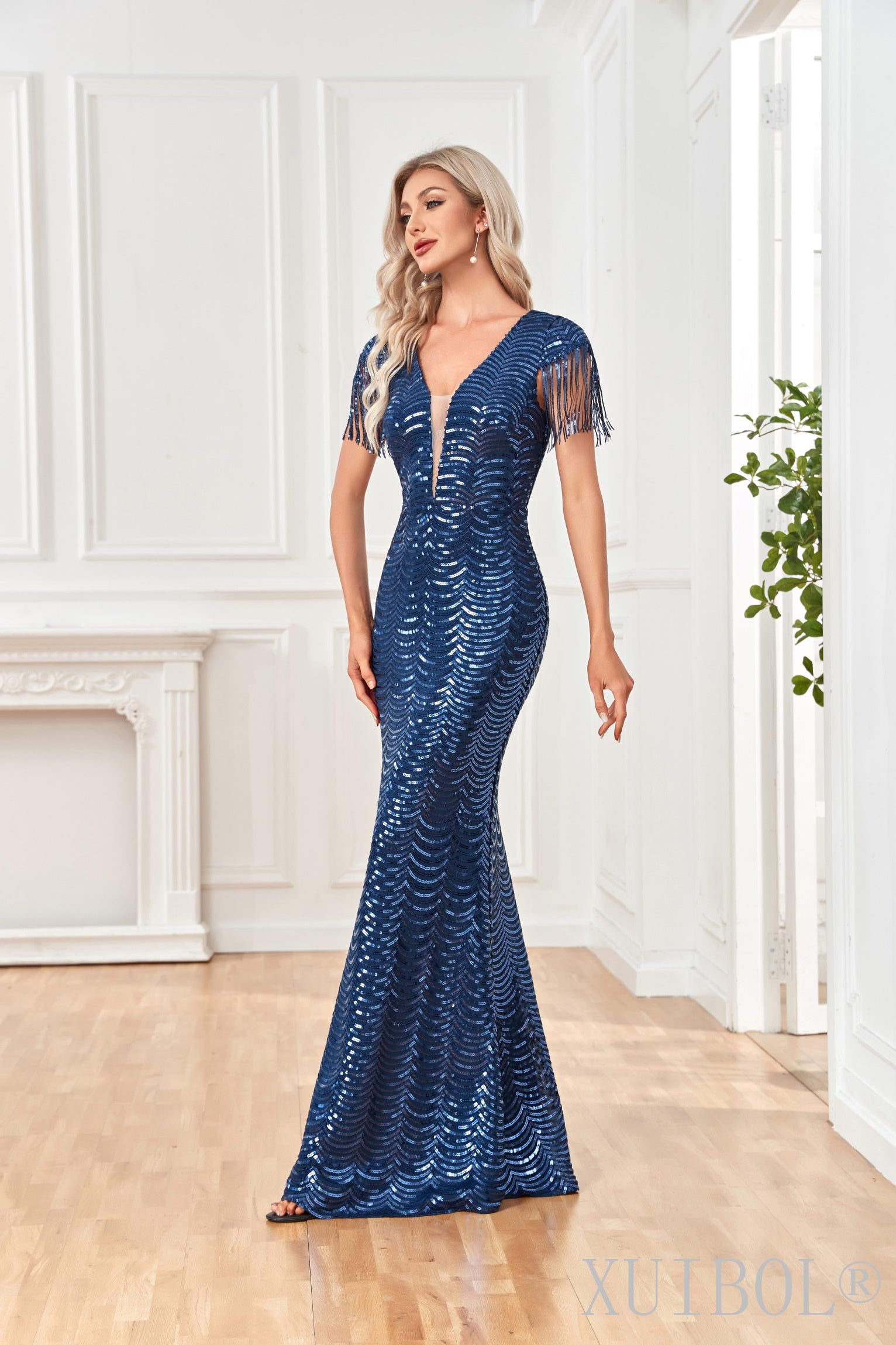 XUIBOL | Plunging_Sequin_and_Beaded_A line_Gown_Navy