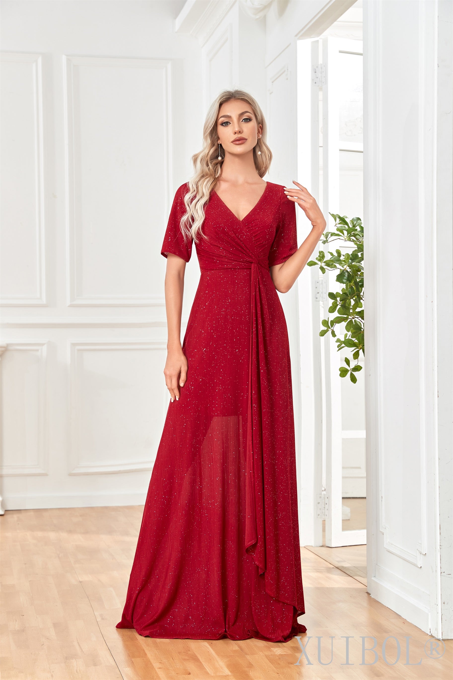 XUIBOL | Red Metallic Shimmer Ruched Dress