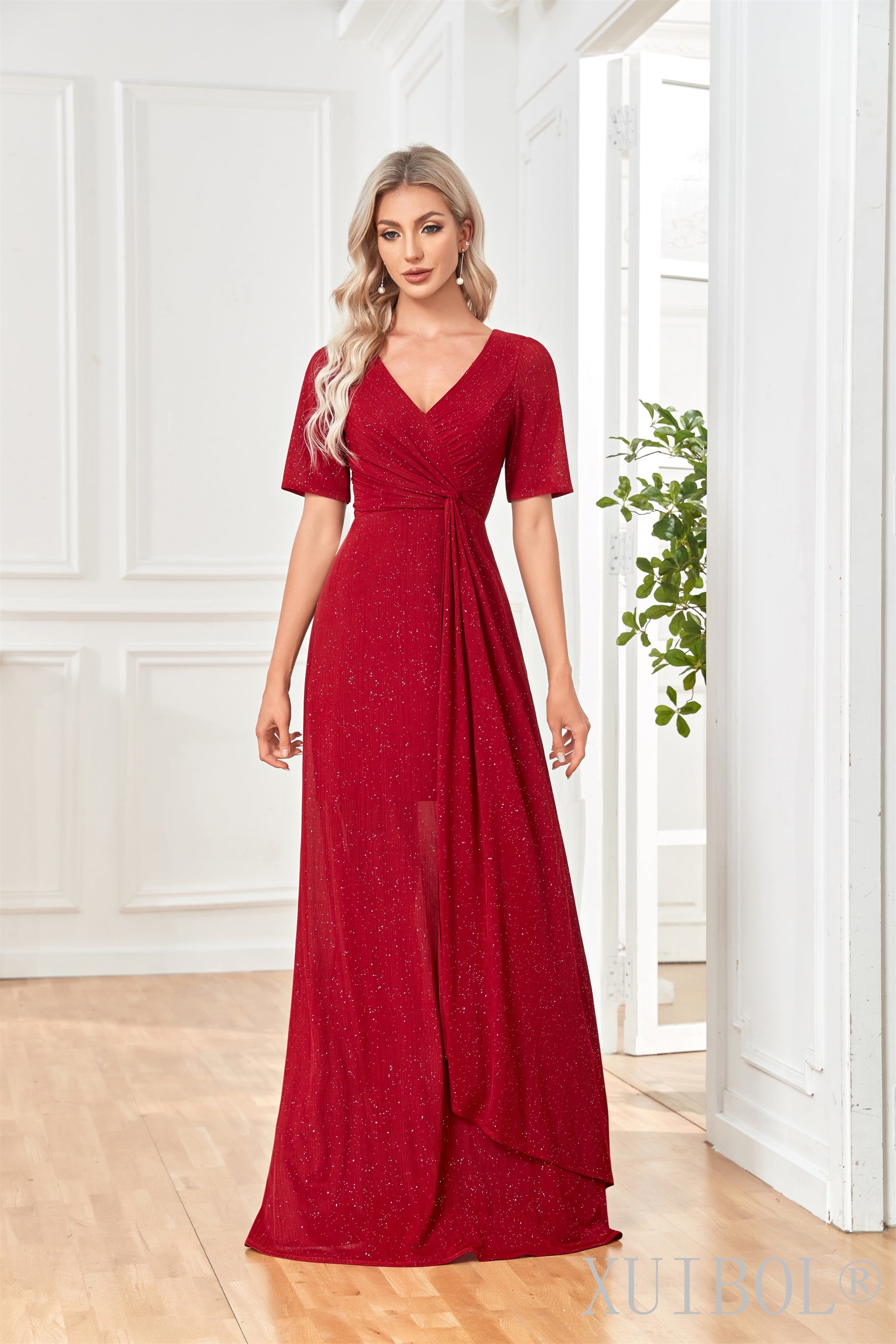 XUIBOL | Red Metallic Shimmer Ruched Dress