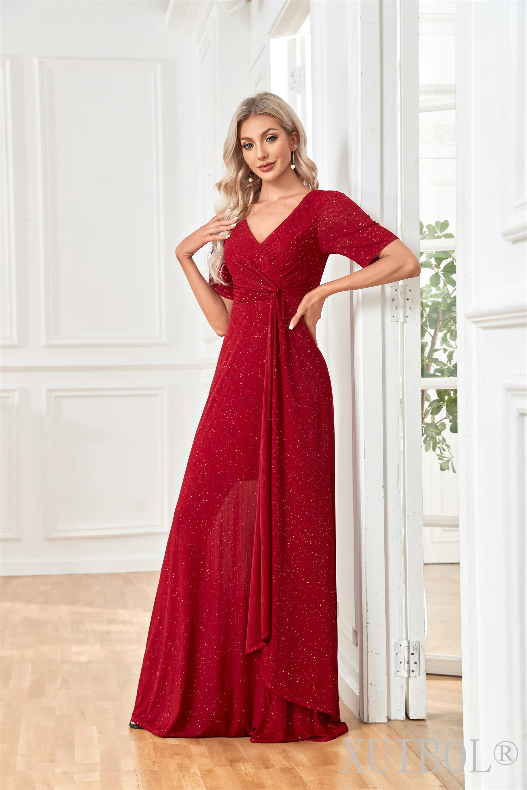 XUIBOL | Red Metallic Shimmer Ruched Dress